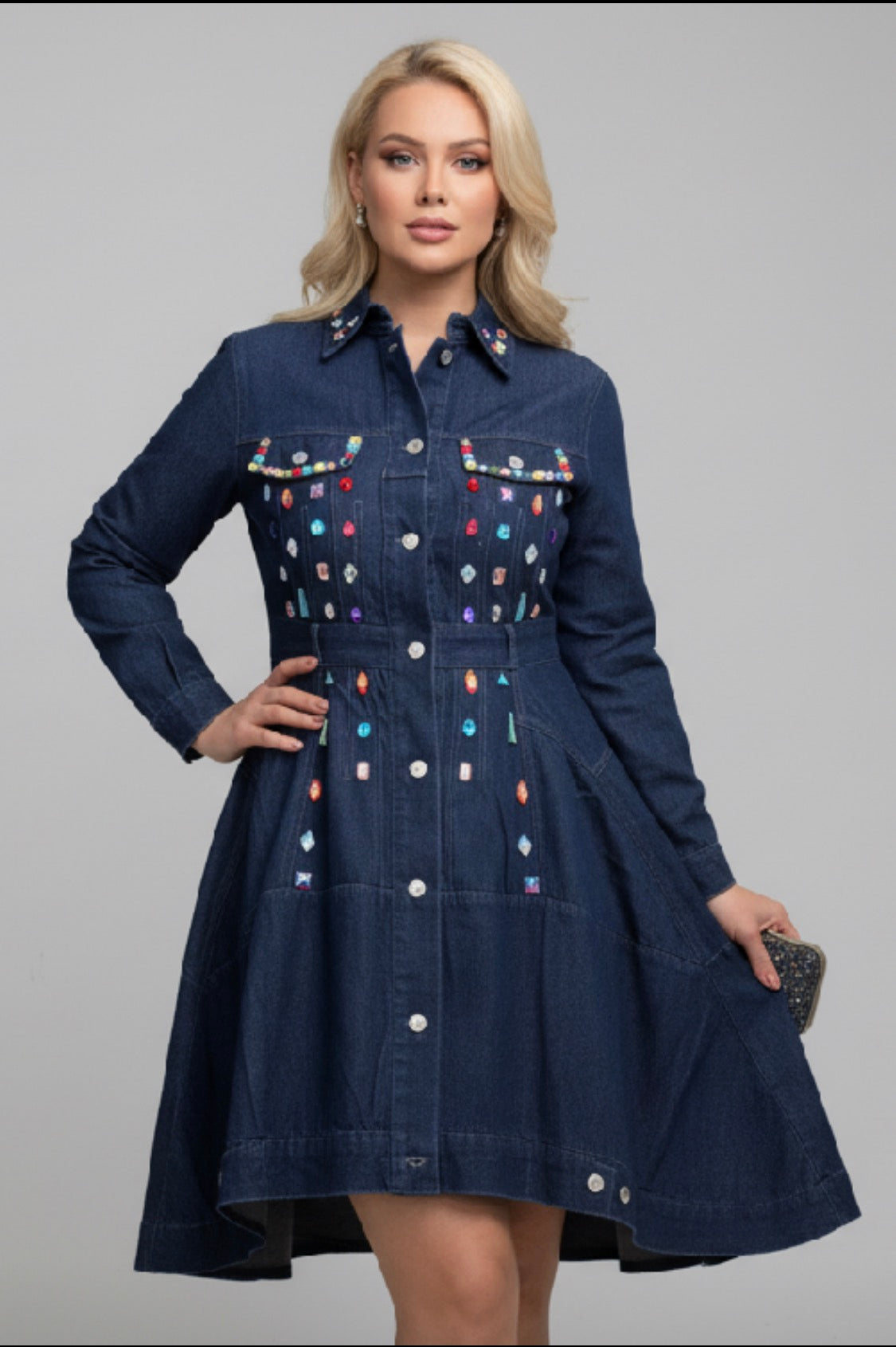 Chic Gem Asymmetrical Denim Long Sleeve Dress