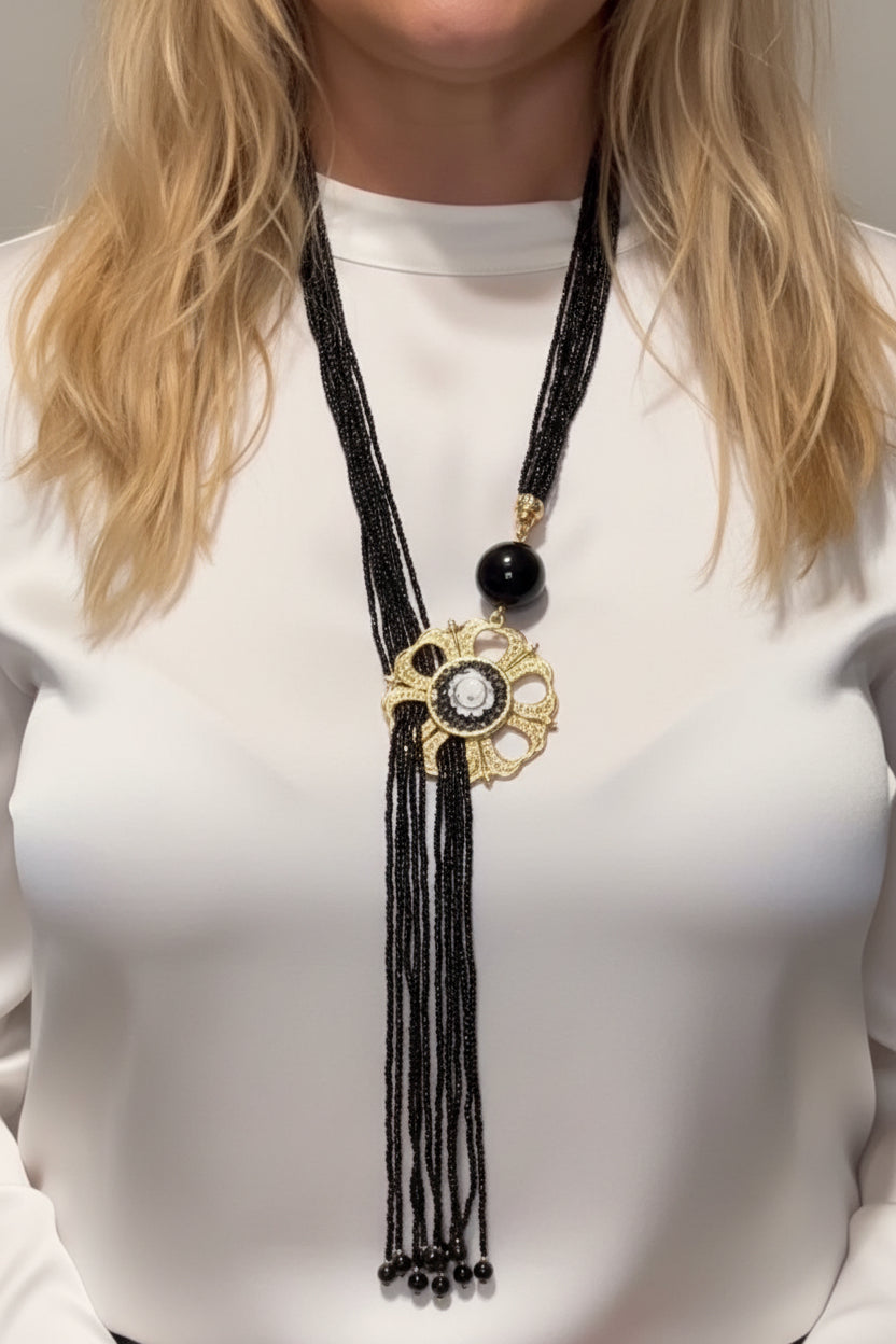 Vintage Black Beaded Statement Necklace with Gold Medallion Pendant