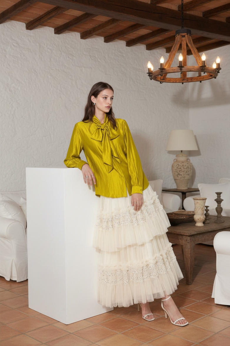 Chartreuse Tie Neck Satin Long Sleeve Premium Blouse -PREORDER