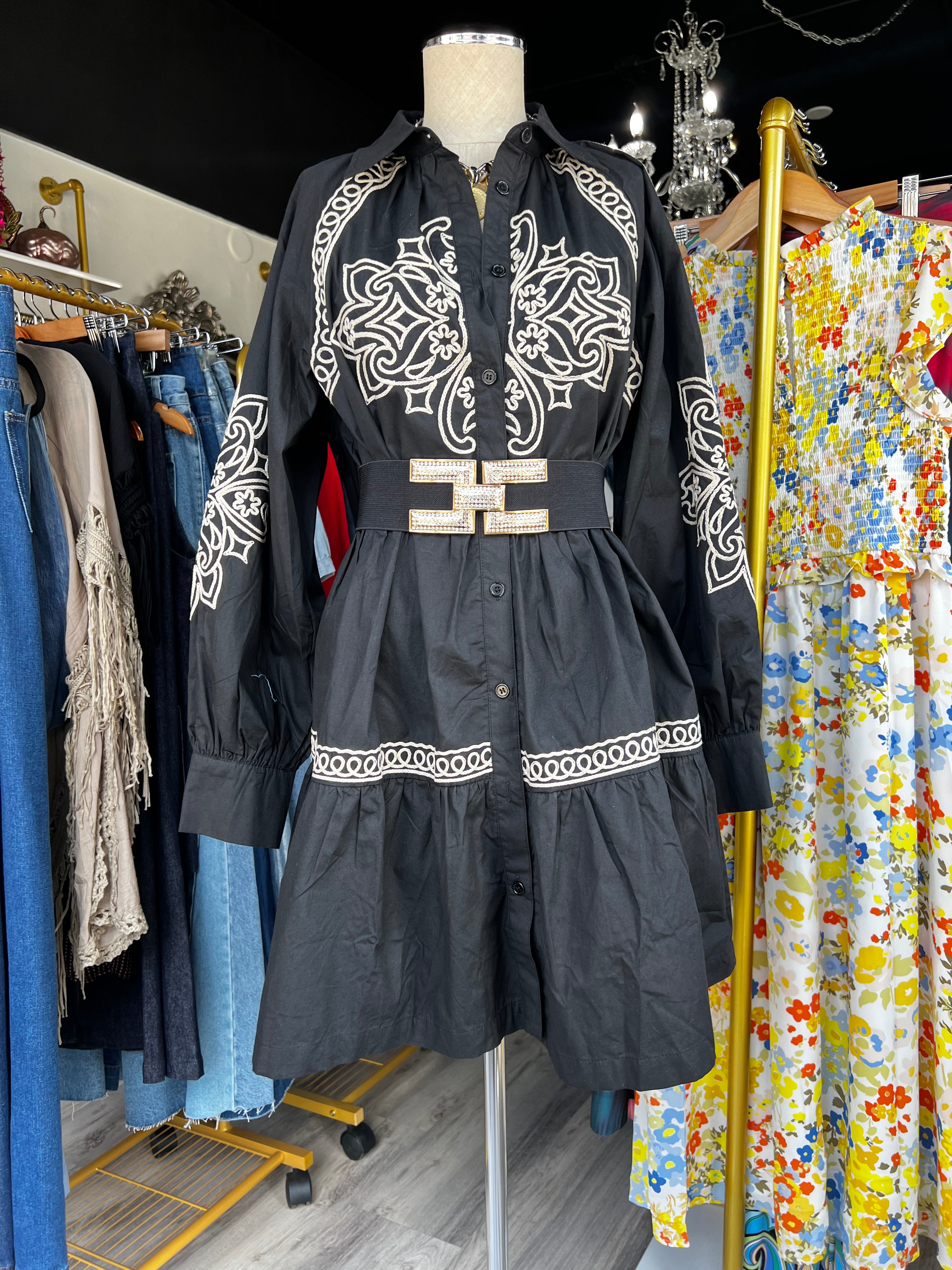 Elegant Embroidered Button-Down Mini Dress with Puff Sleeves - Bella Boutique & Bellasbylola.com