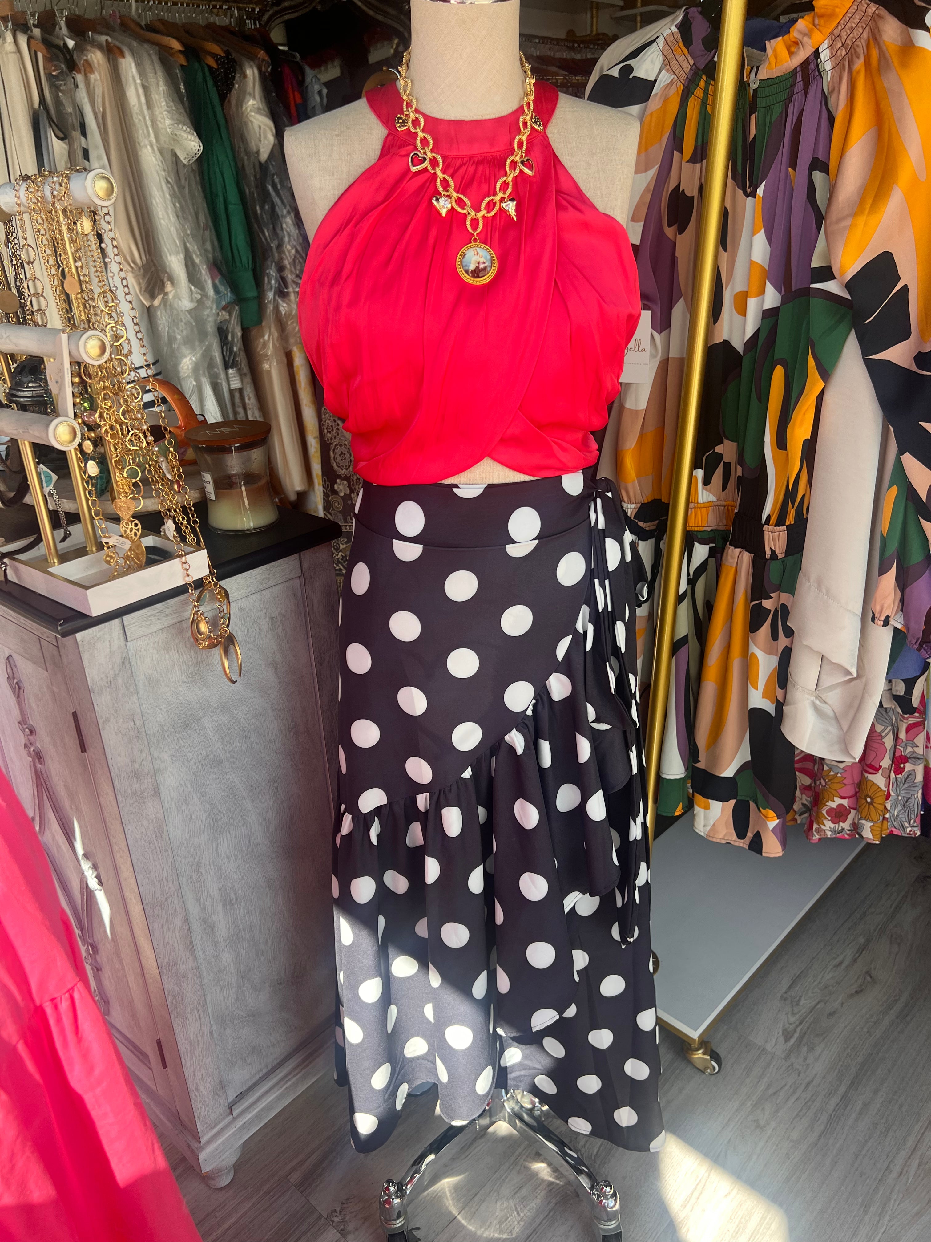 Chic Black Wrap Skirt with Polka Dots - Bella Boutique & Bellasbylola.com