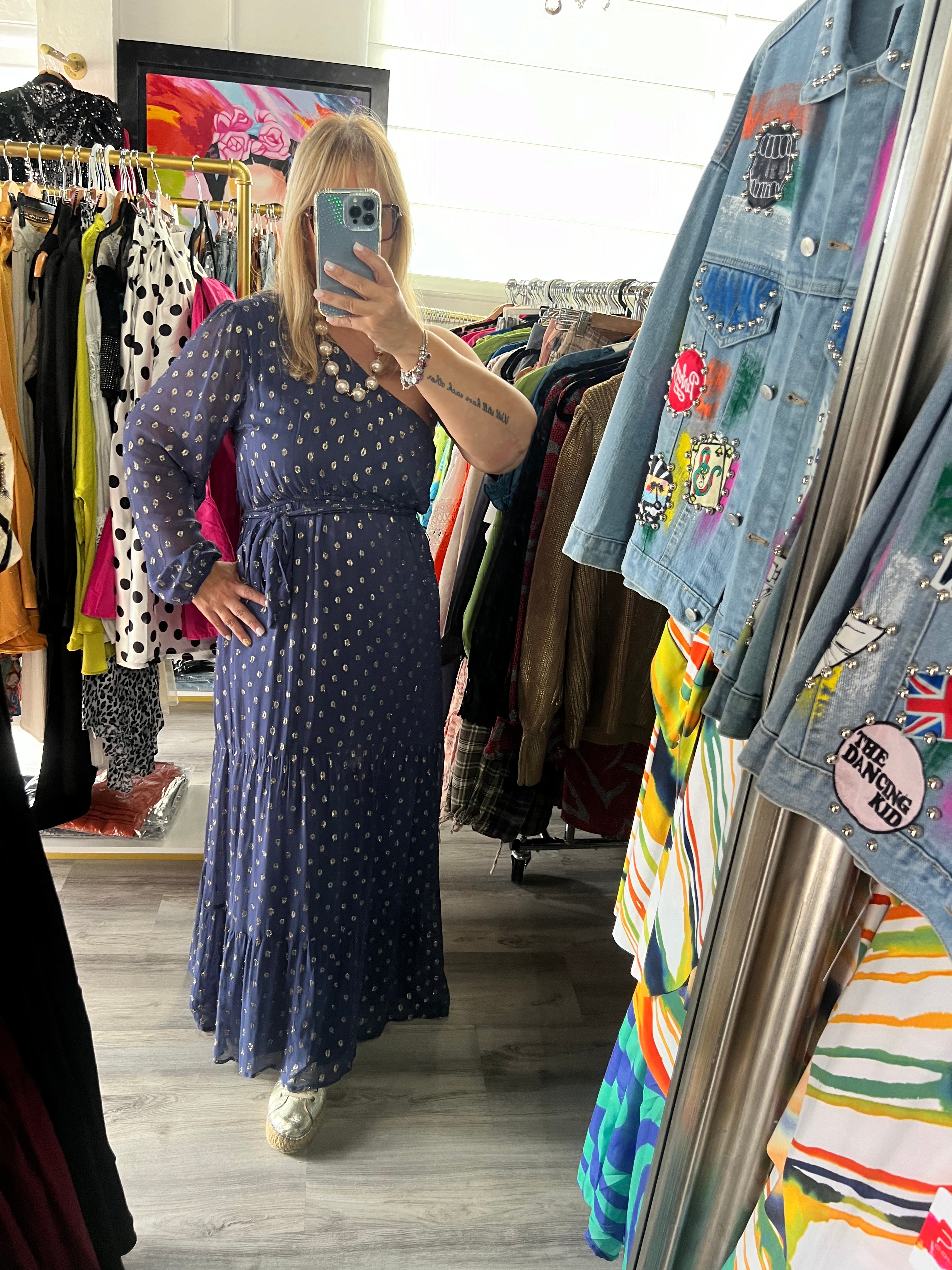 Navy Maxi Dress with Golden Dot Detailing, 100% Rayon, Made in India - Bella Boutique & Bellasbylola.com