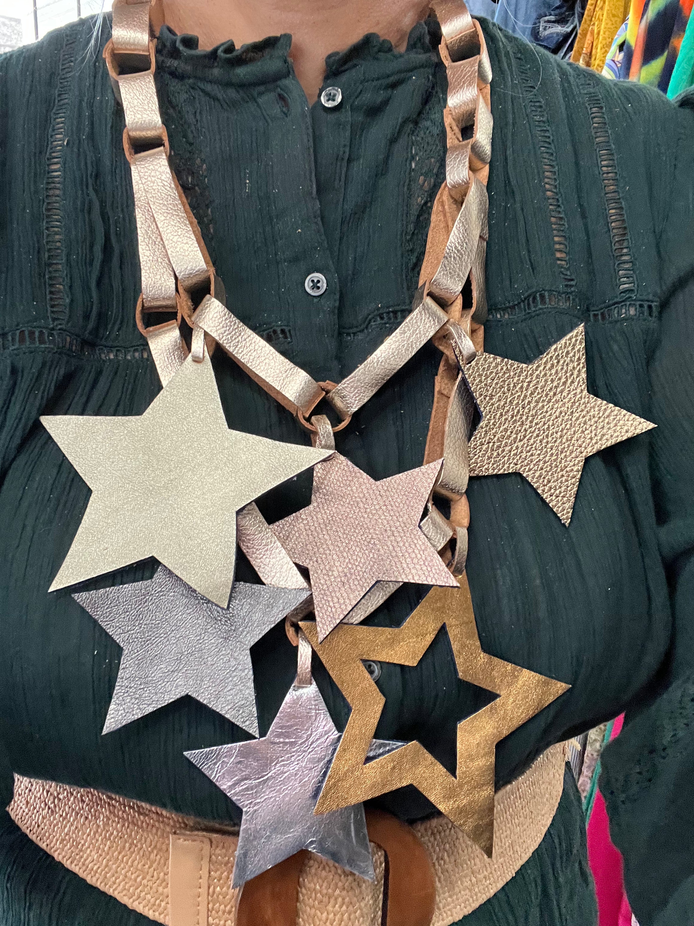 Gold Leather with Gold Stars Necklace by Arlene Diaz šµš· - Bellasbylola.com