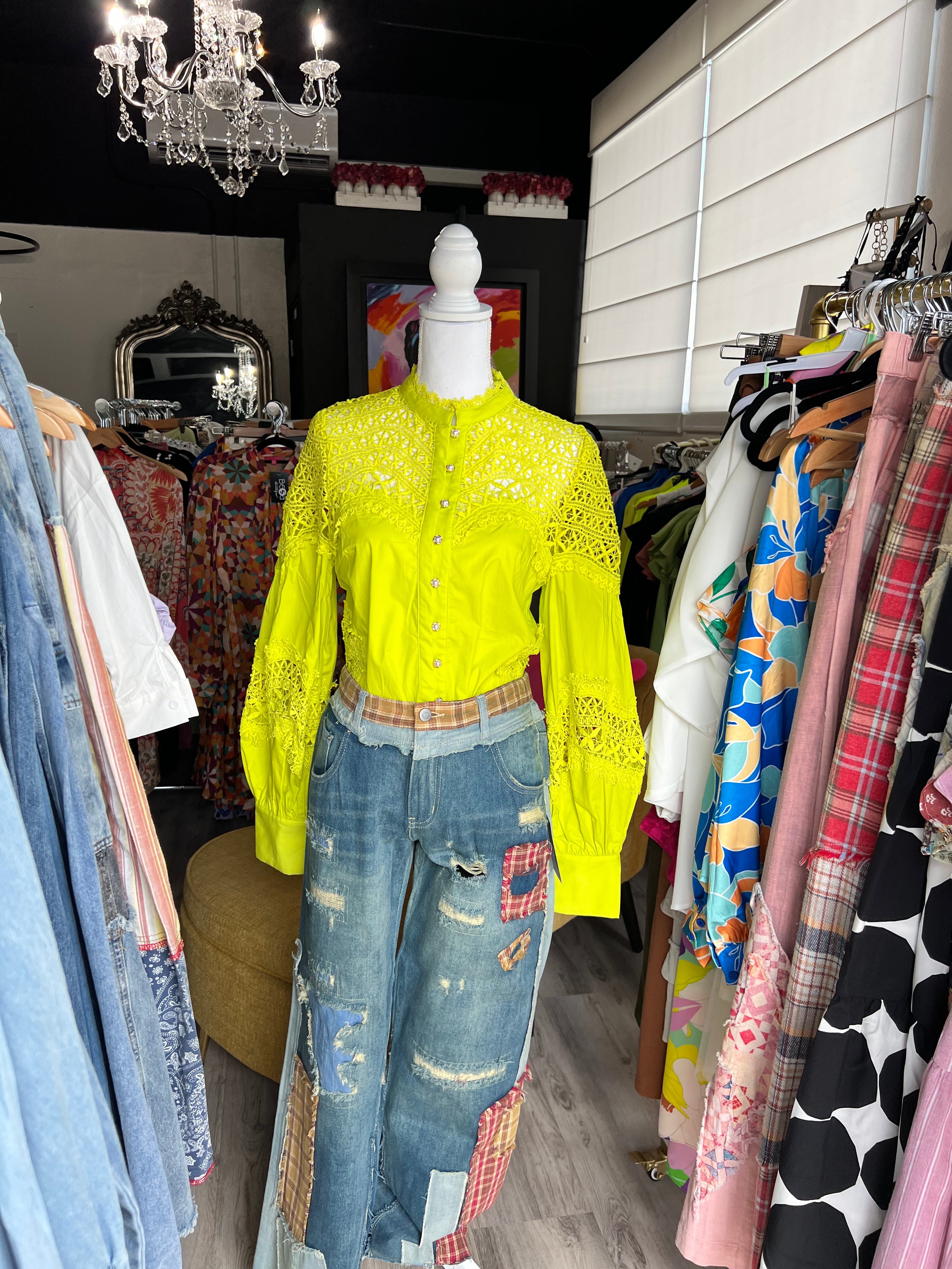 Chartreuse Lace Blouse: Elegant & Stylish - Bella Boutique & Bellasbylola.com