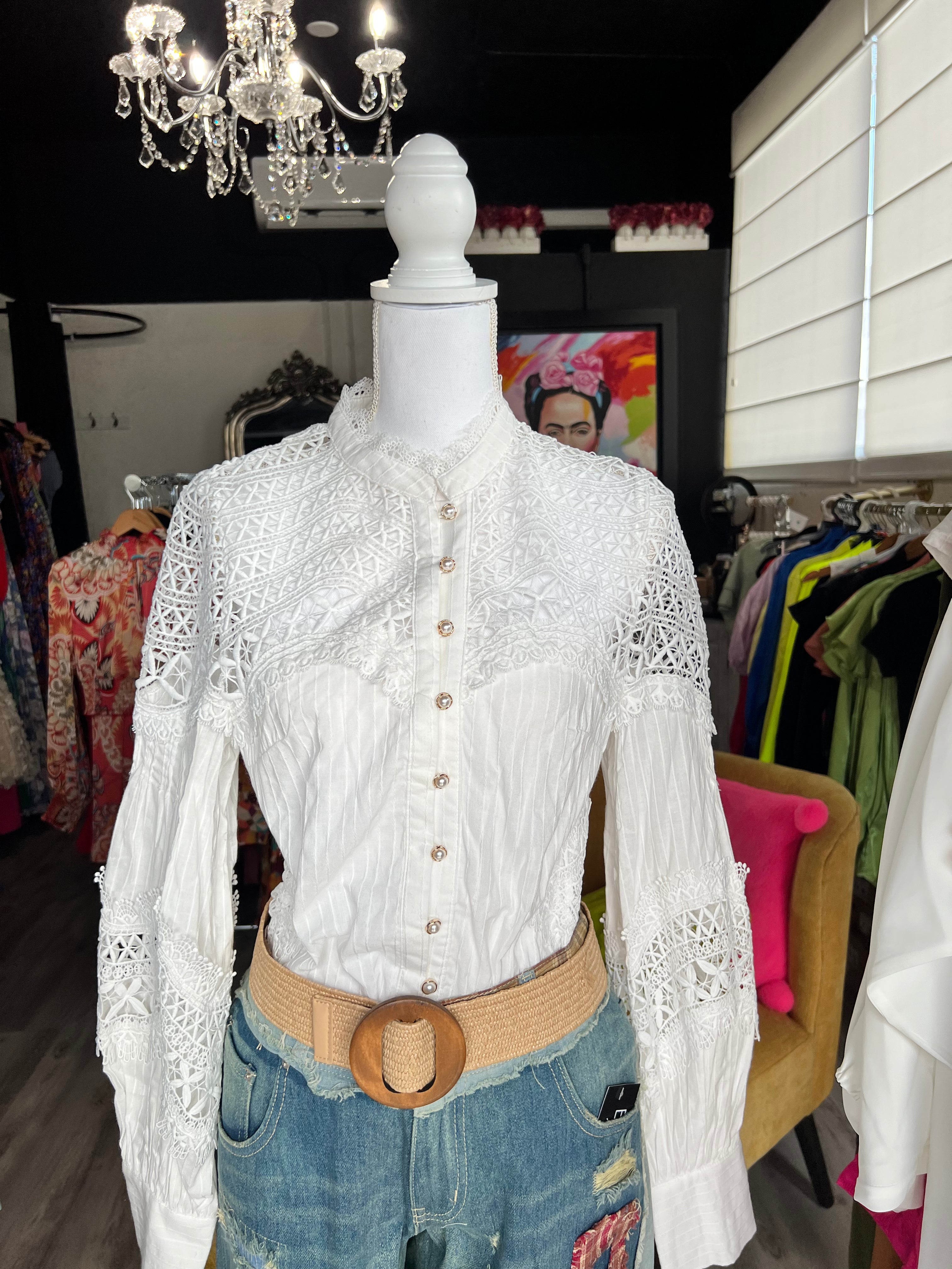Luxurious White Lace Blouse: Elegant Long Sleeve Button-Down with Delicate Details - Bella Boutique & Bellasbylola.com