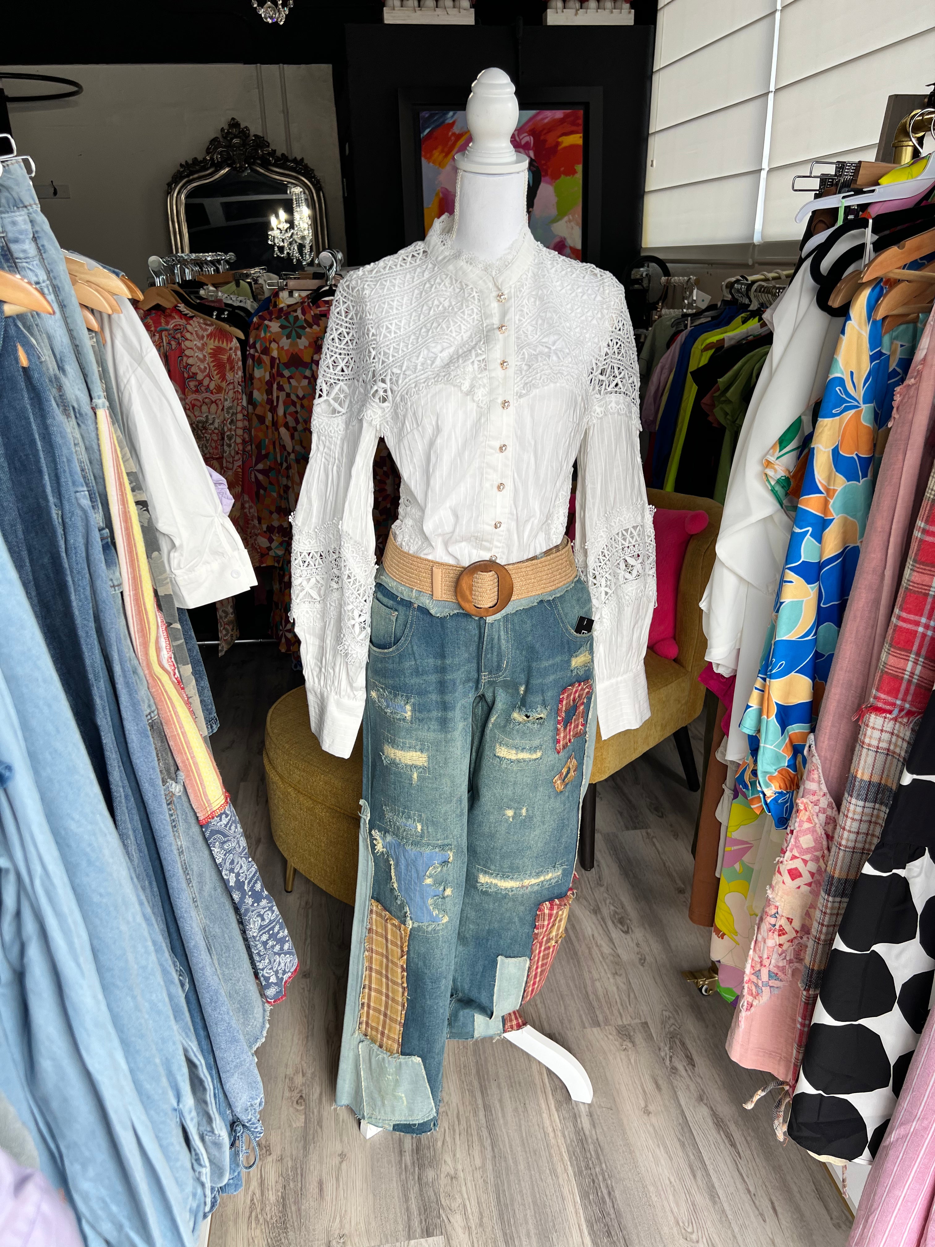 Luxurious White Lace Blouse: Elegant Long Sleeve Button-Down with Delicate Details - Bella Boutique & Bellasbylola.com