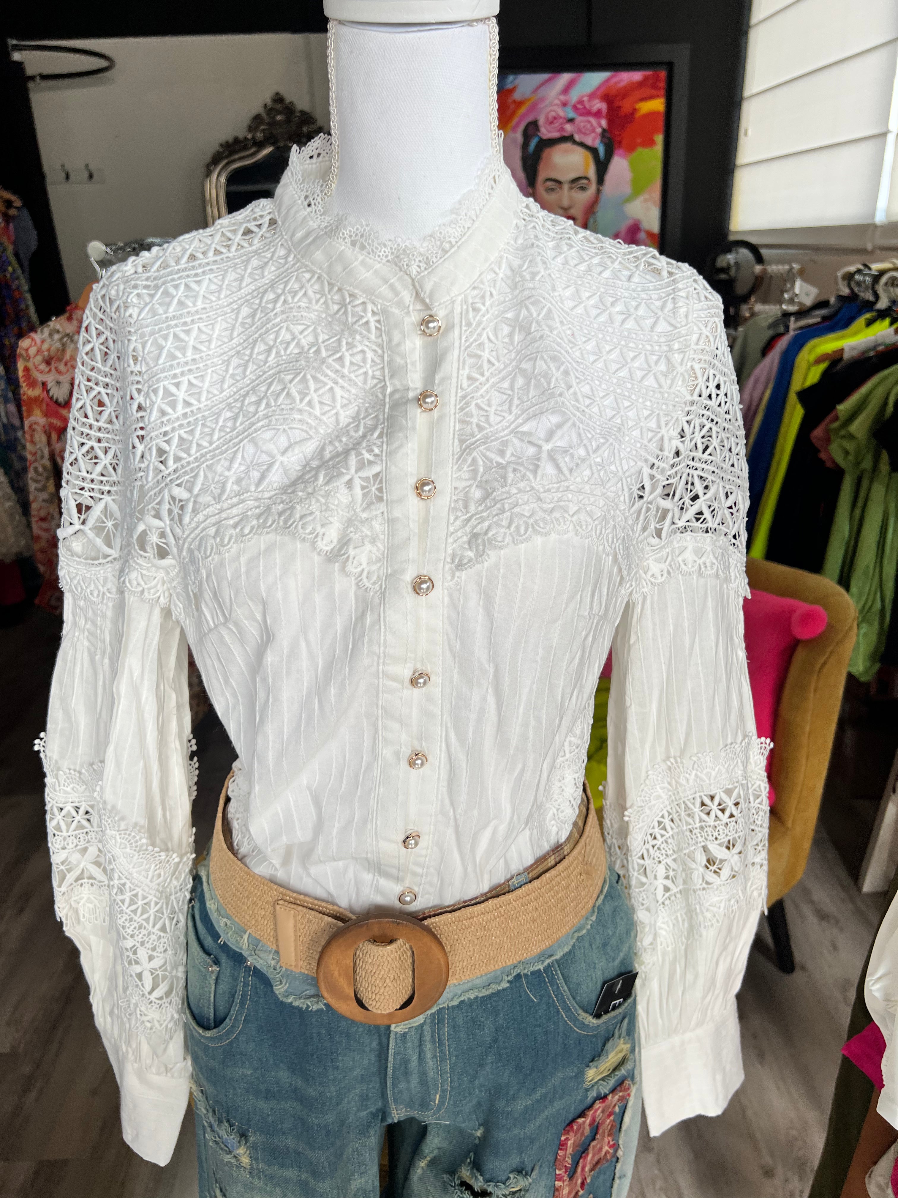 Luxurious White Lace Blouse: Elegant Long Sleeve Button-Down with Delicate Details - Bella Boutique & Bellasbylola.com