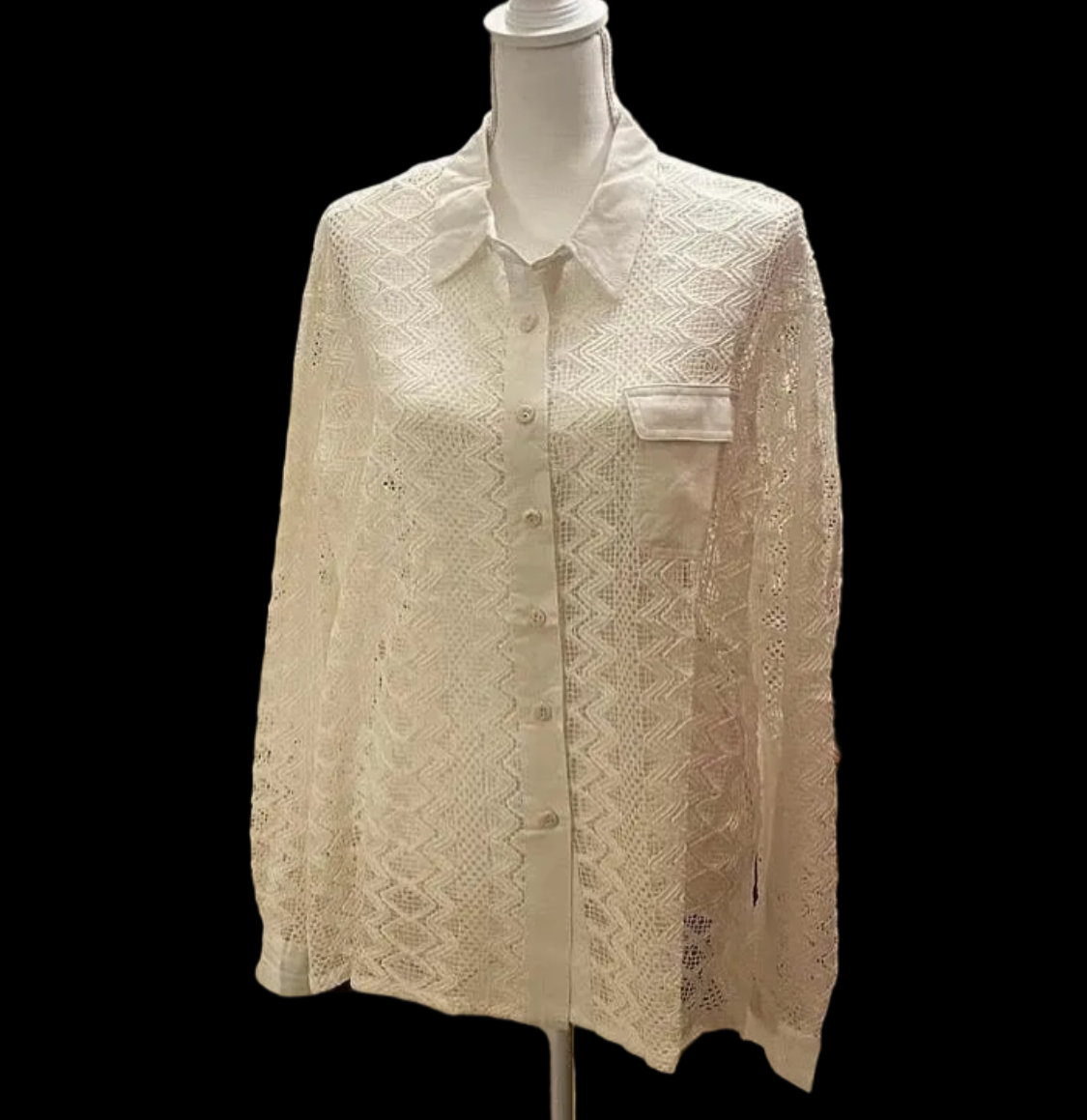 Relaxed Fit Lace Woven Kimono - Button Down Closure, Long Sleeve, 100% Cotton