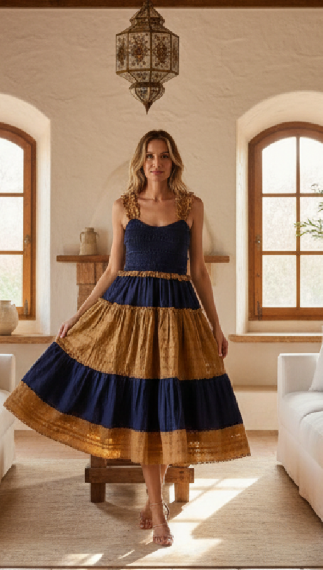 Eyelet Navy & Beige Maxi Dress