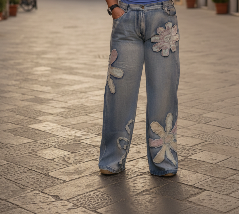 A woman with blonde hair and glasses wearing a light blue off-the-shoulder top and light blue distressed jeans with white floral patches, standing in a clothing boutique next to a dress on a mannequin.