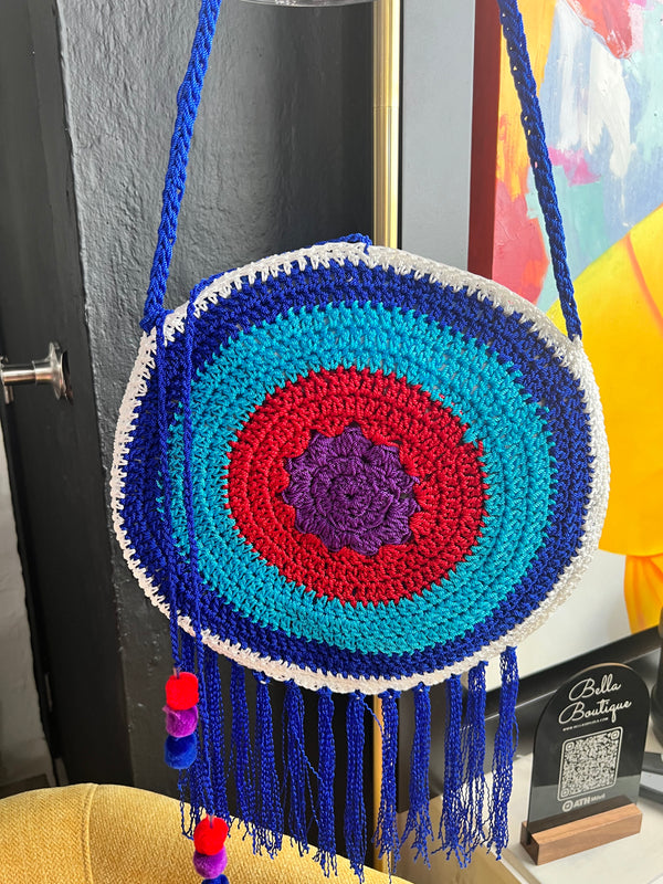 Cartera Crochet Azul & Roja Redonda - Bellasbylola.com