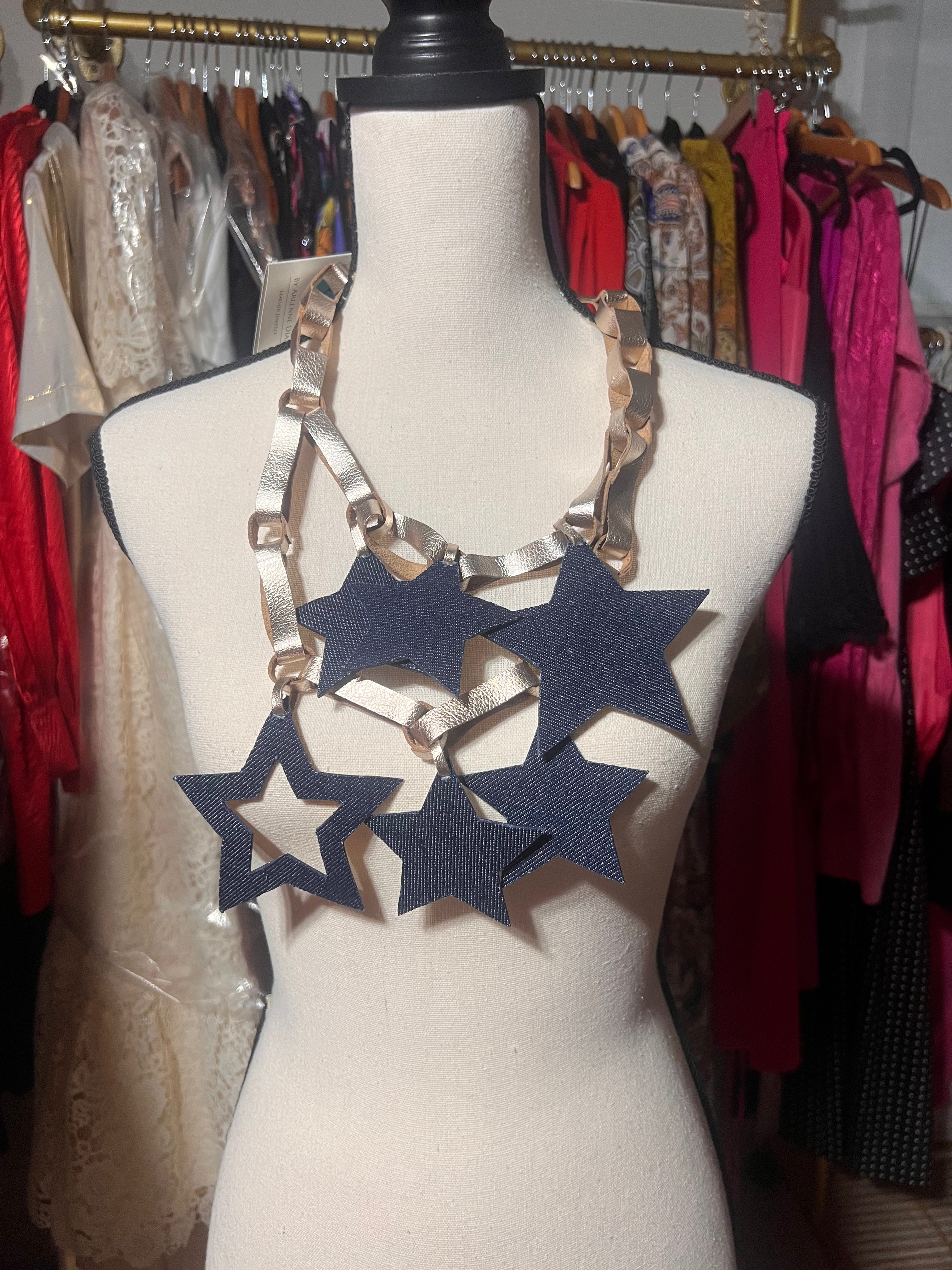 Starry-Eyed Wonder Gold Leather Necklace by Arlene Diaz - Collar reversible