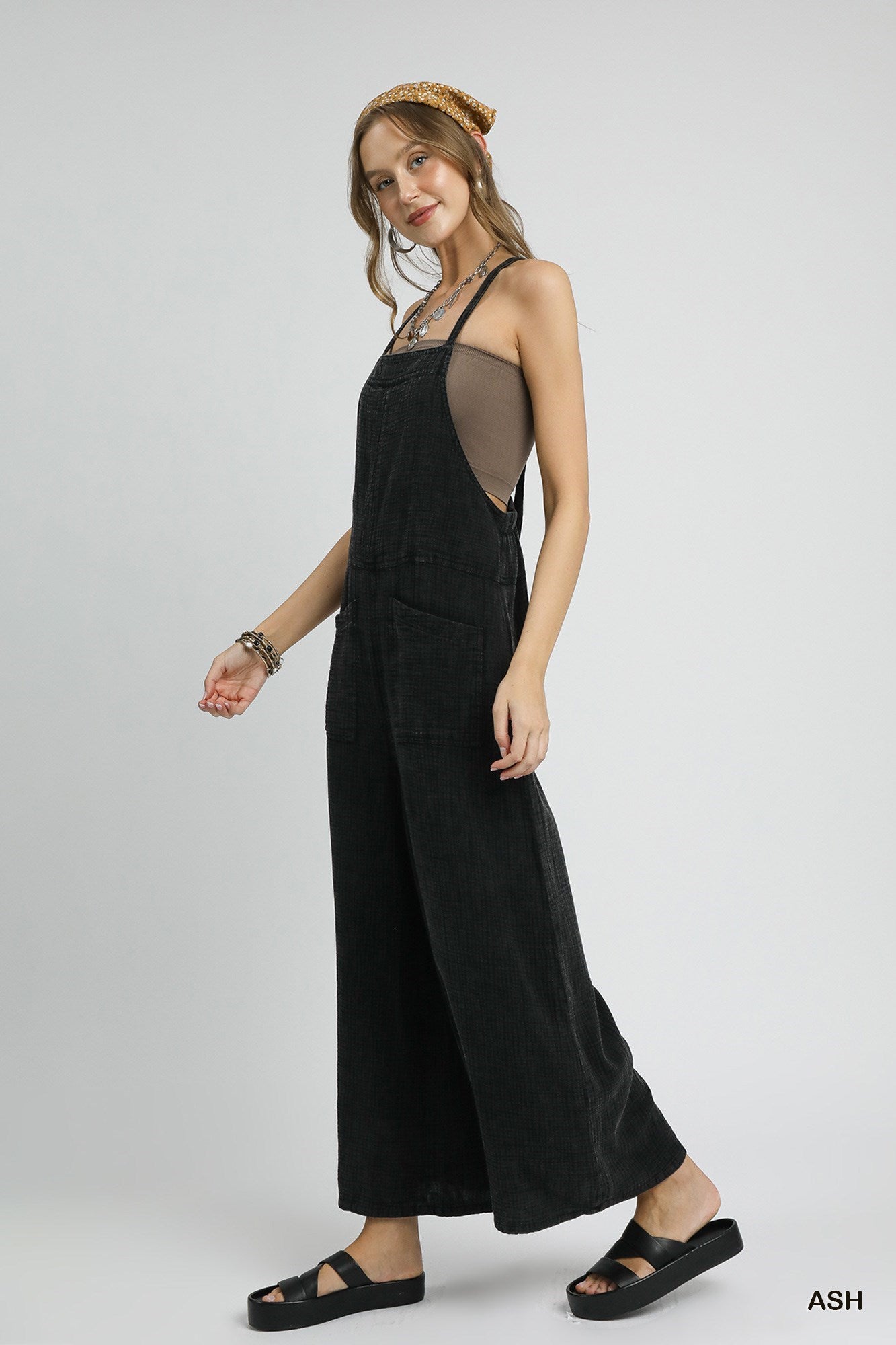 Mineral Wash Gauze Ash Wide Leg Jumpsuit