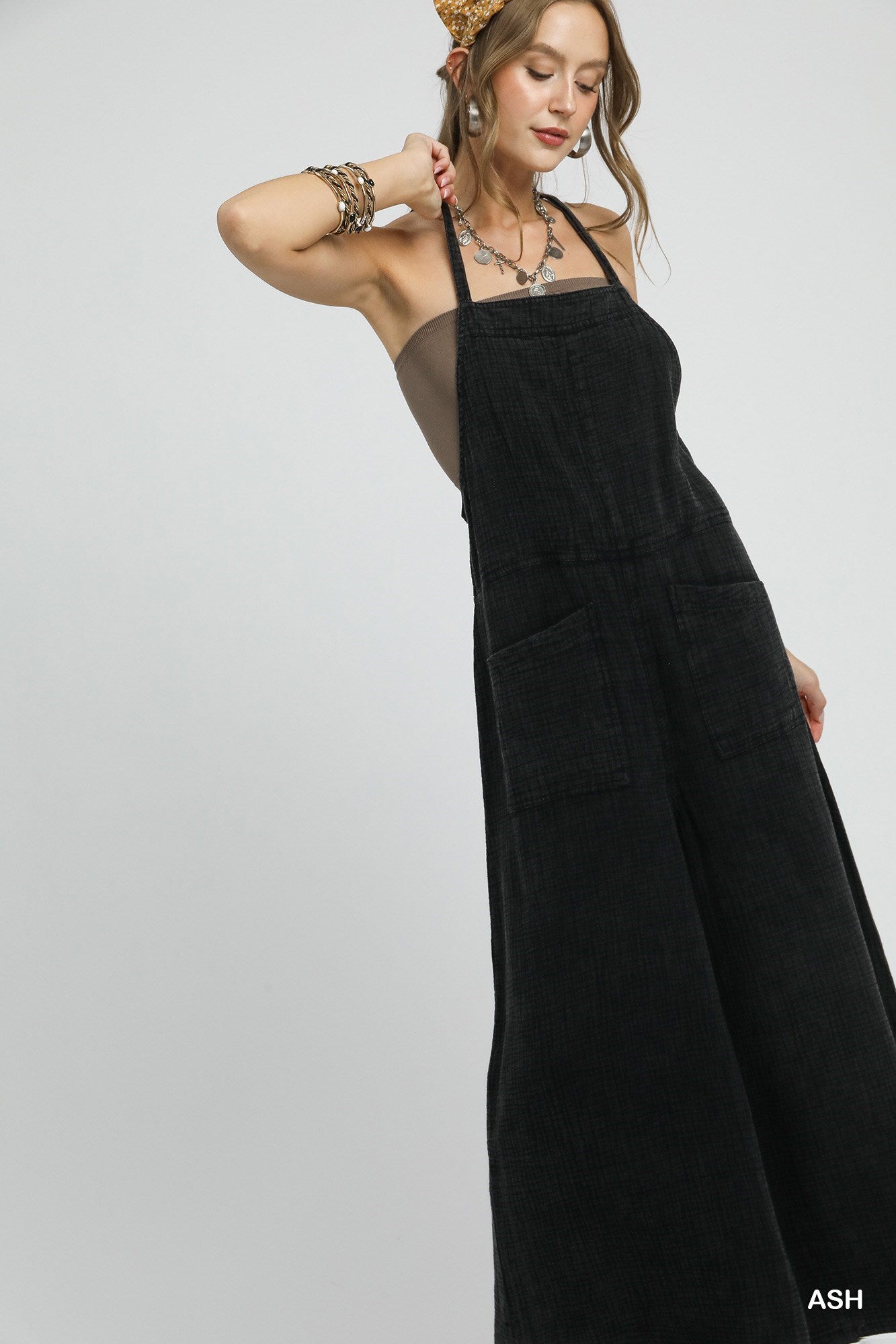 Mineral Wash Gauze Ash Wide Leg Jumpsuit