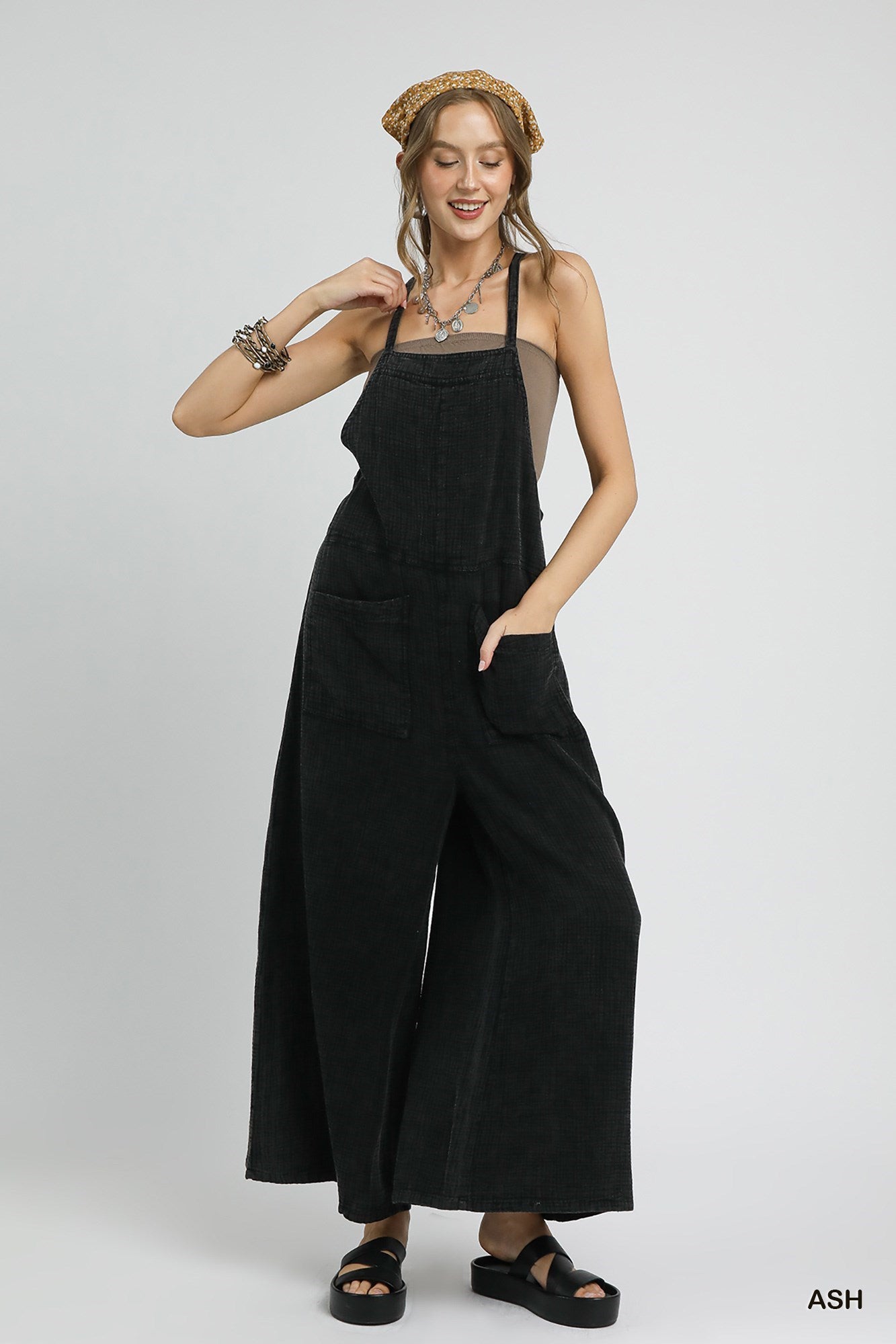Mineral Wash Gauze Ash Wide Leg Jumpsuit