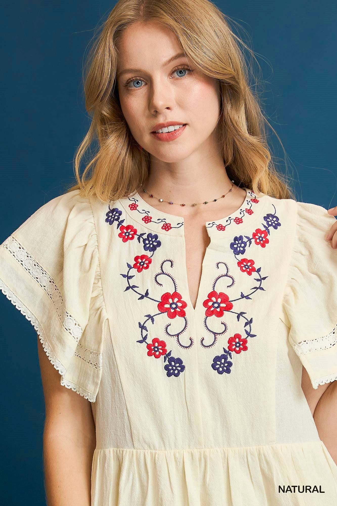 Folk Embroidered Flutter Sleeve Dress