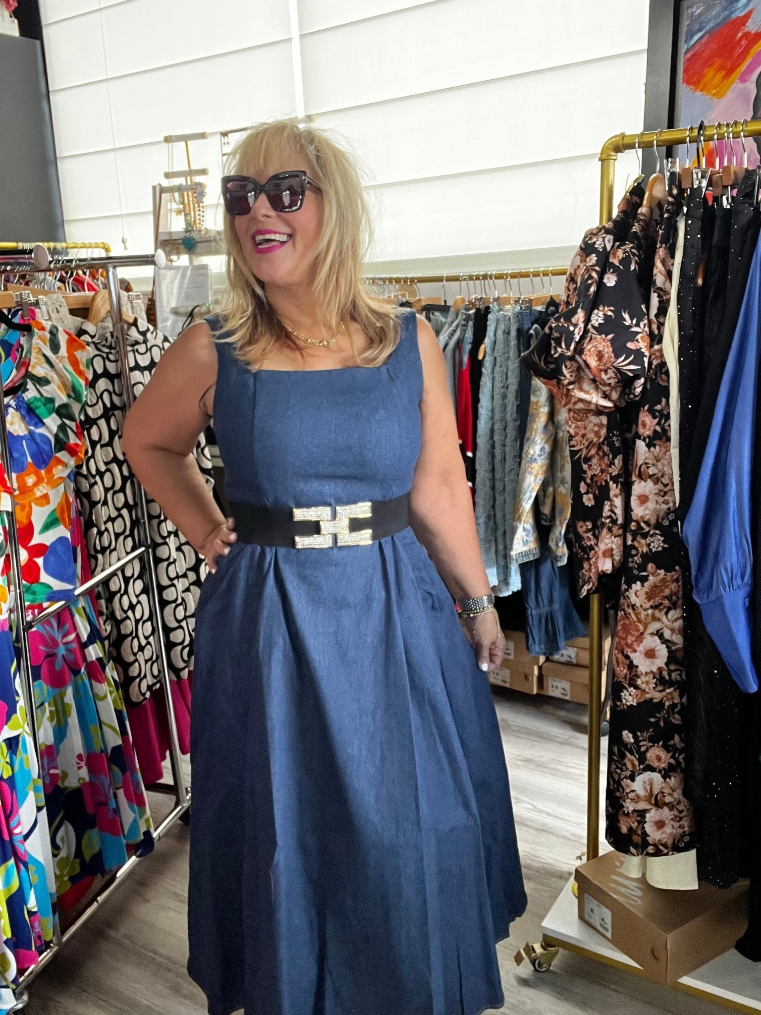 A - line Midi Dark Denim Dress - New π« - Bella Boutique & Bellasbylola.com