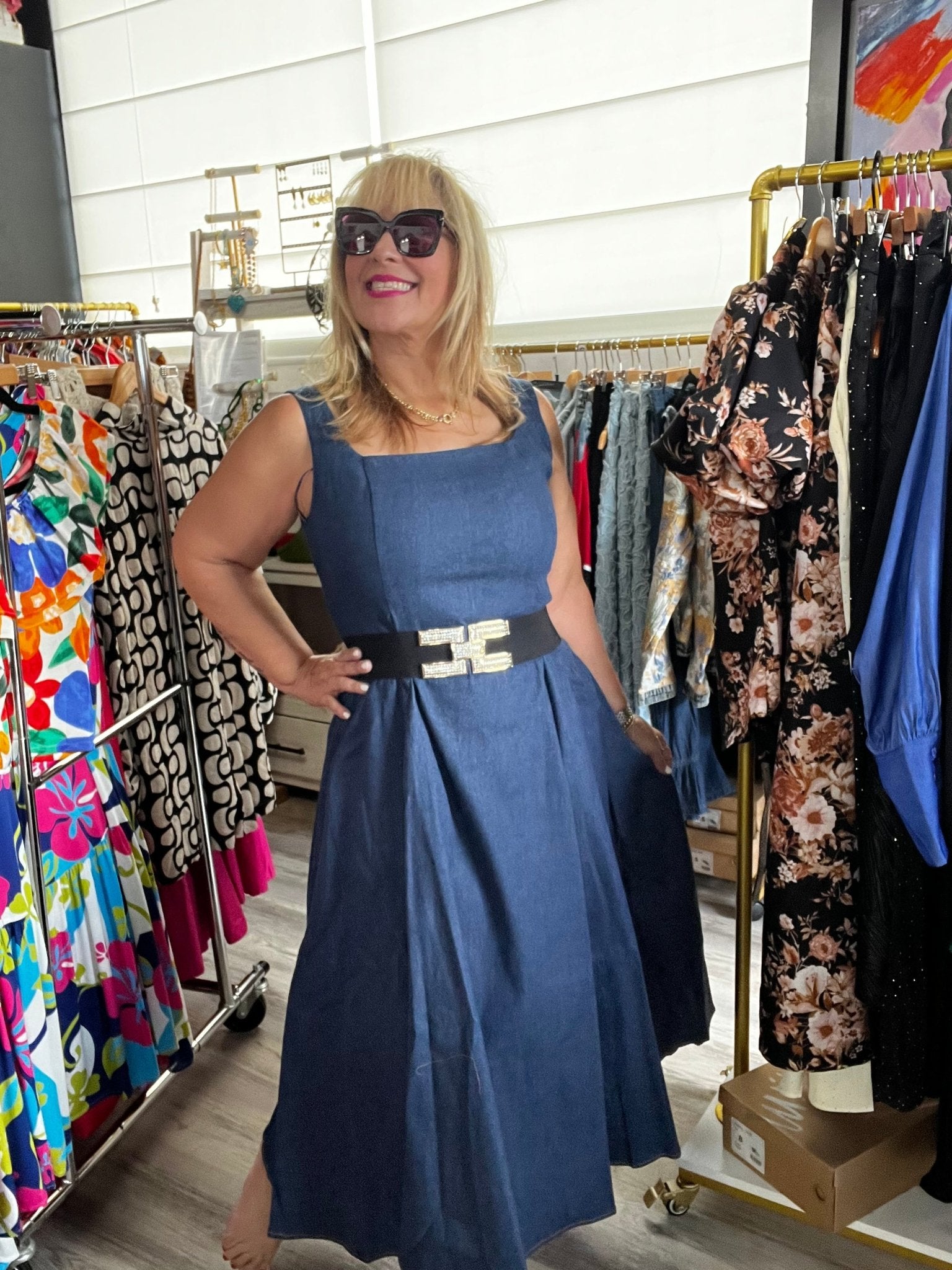 A - line Midi Dark Denim Dress - New π« - Bella Boutique & Bellasbylola.com
