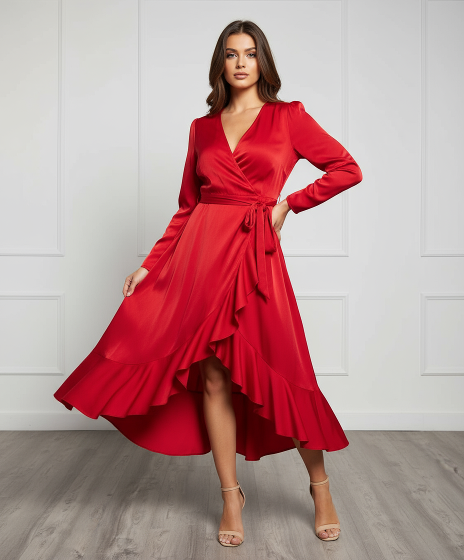 Agatha Satin Ruffle Hem Wrap Midi Dress