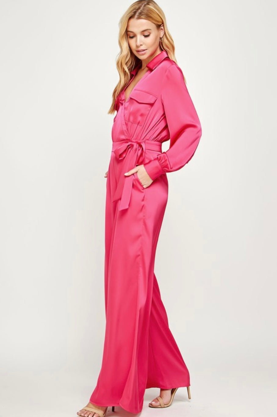 Anastasia Satin Pink Wide leg Jumpsuit - Bella Boutique & Bellasbylola.com