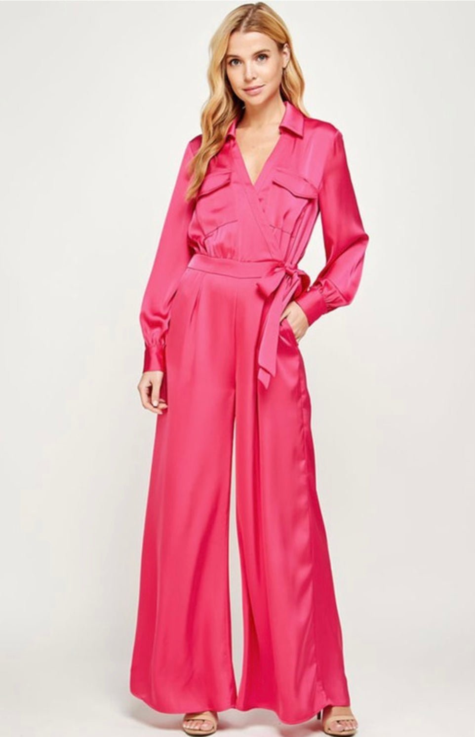 Anastasia Satin Pink Wide leg Jumpsuit - Bella Boutique & Bellasbylola.com
