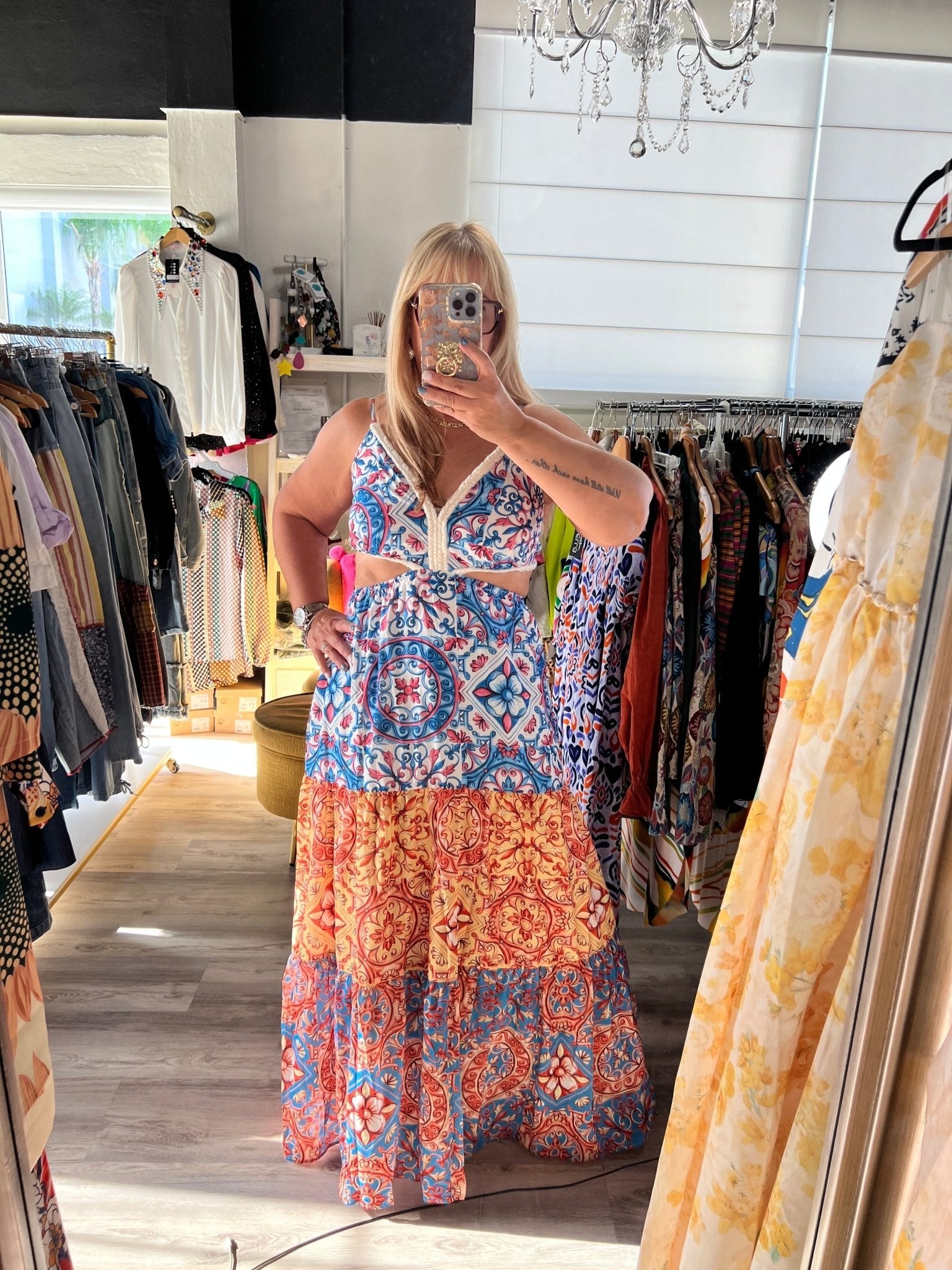 Baroque Blue Maxi: Spaghetti Strap Cutout Waist Dress - Bella Boutique & Bellasbylola.com