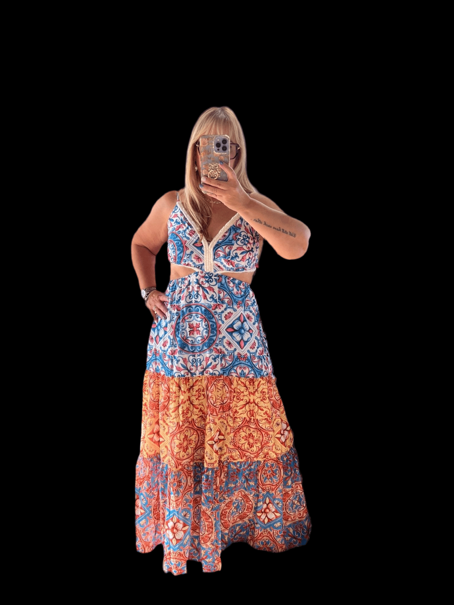 Baroque Blue Maxi: Spaghetti Strap Cutout Waist Dress - Bella Boutique & Bellasbylola.com