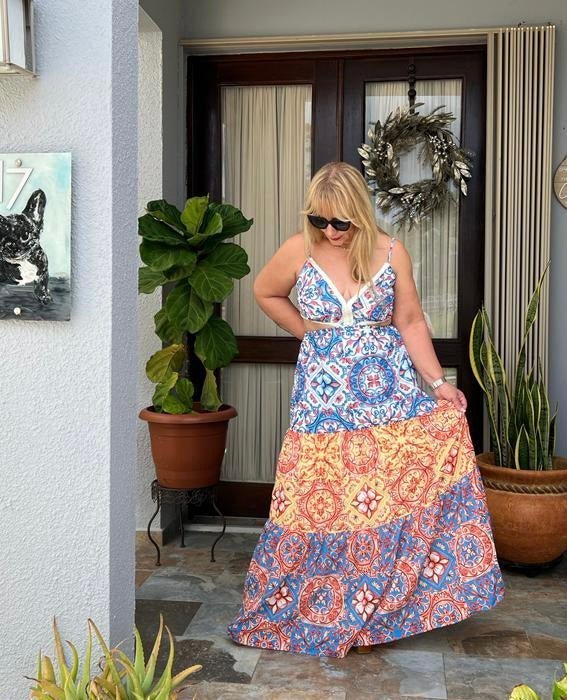 Baroque Blue Maxi: Spaghetti Strap Cutout Waist Dress - Bella Boutique & Bellasbylola.com