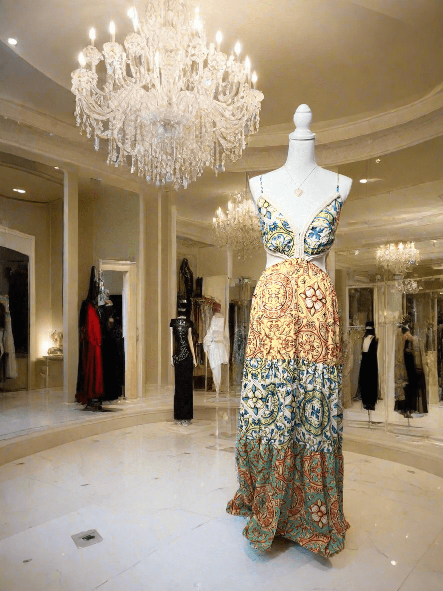 Colorful Spaghetti Strap Maxi Dress with Cutout Waist & V-Neck - Bella Boutique & Bellasbylola.com