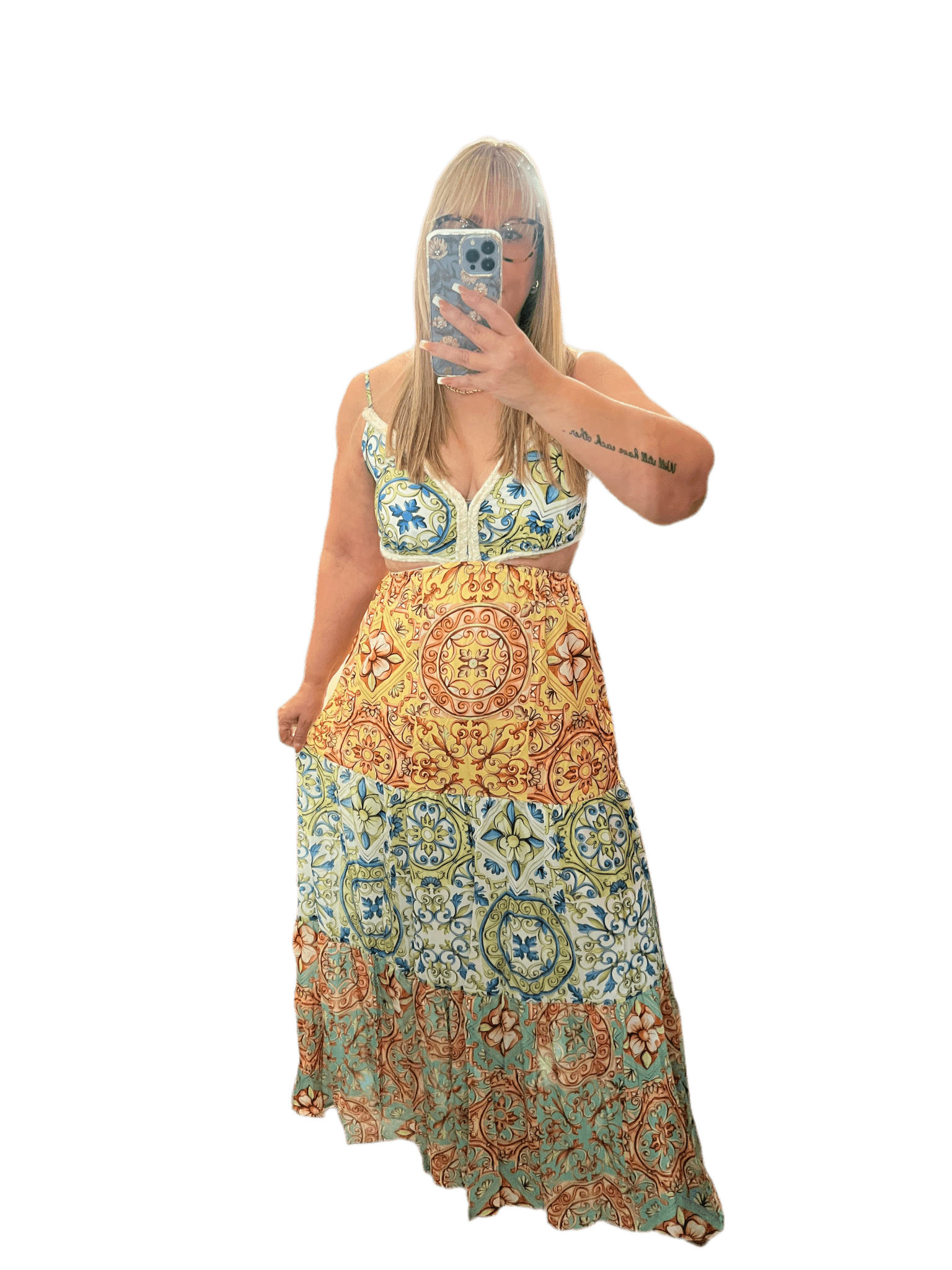 Colorful Spaghetti Strap Maxi Dress with Cutout Waist & V-Neck - Bella Boutique & Bellasbylola.com