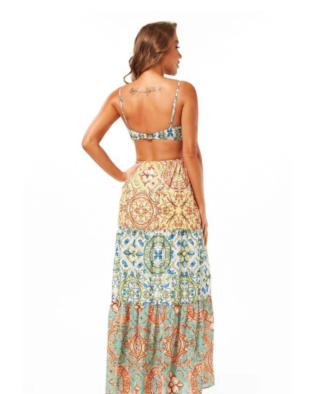 Colorful Spaghetti Strap Maxi Dress with Cutout Waist & V-Neck - Bella Boutique & Bellasbylola.com