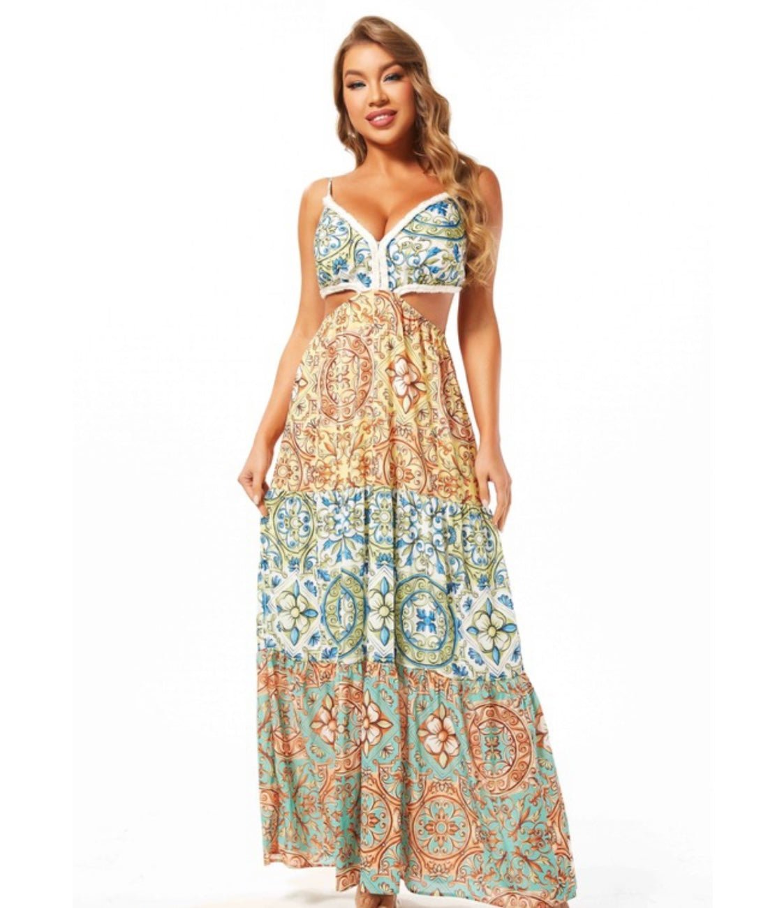 Colorful Spaghetti Strap Maxi Dress with Cutout Waist & V-Neck - Bella Boutique & Bellasbylola.com