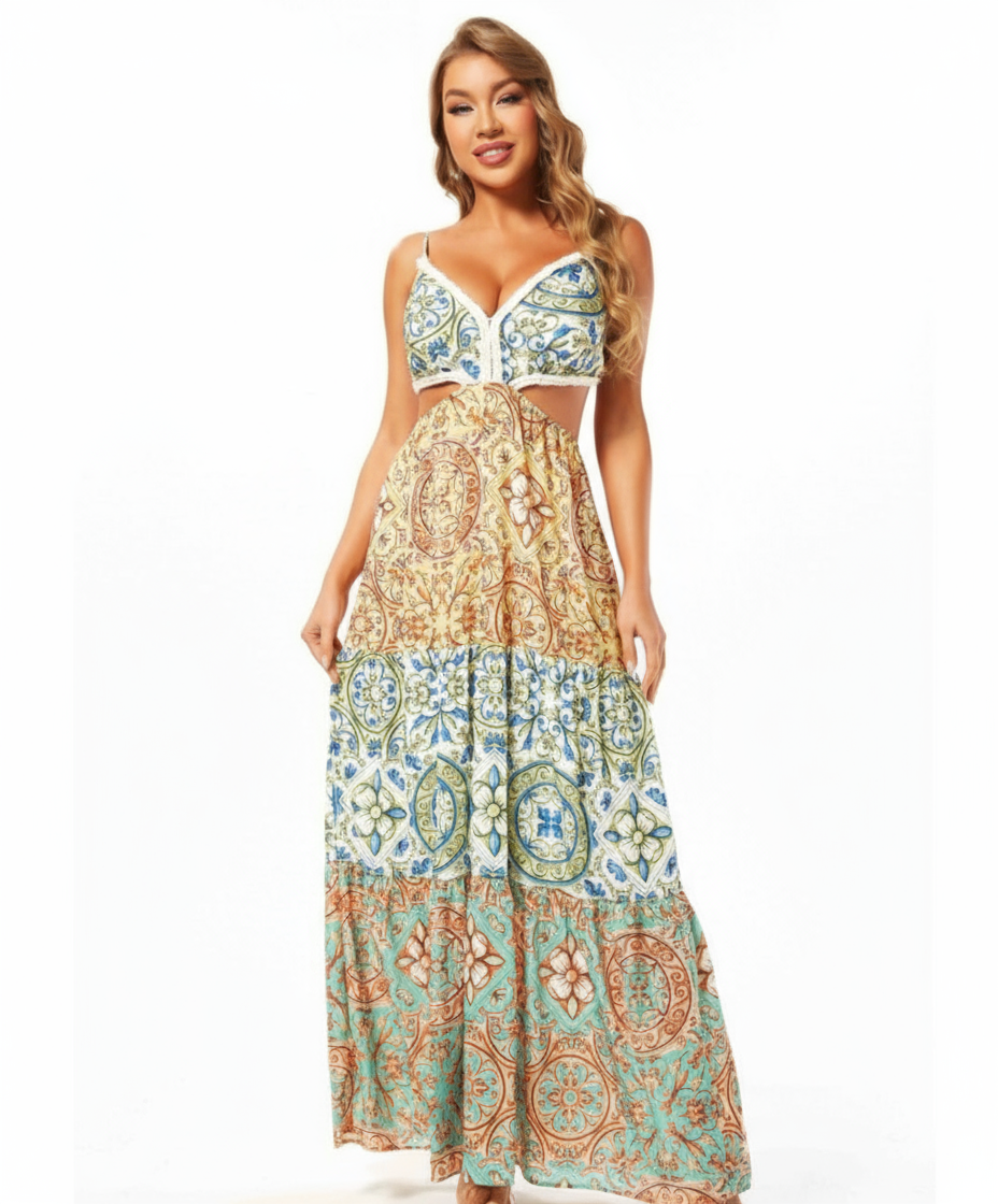 Colorful Spaghetti Strap Maxi Dress with Cutout Waist & V-Neck