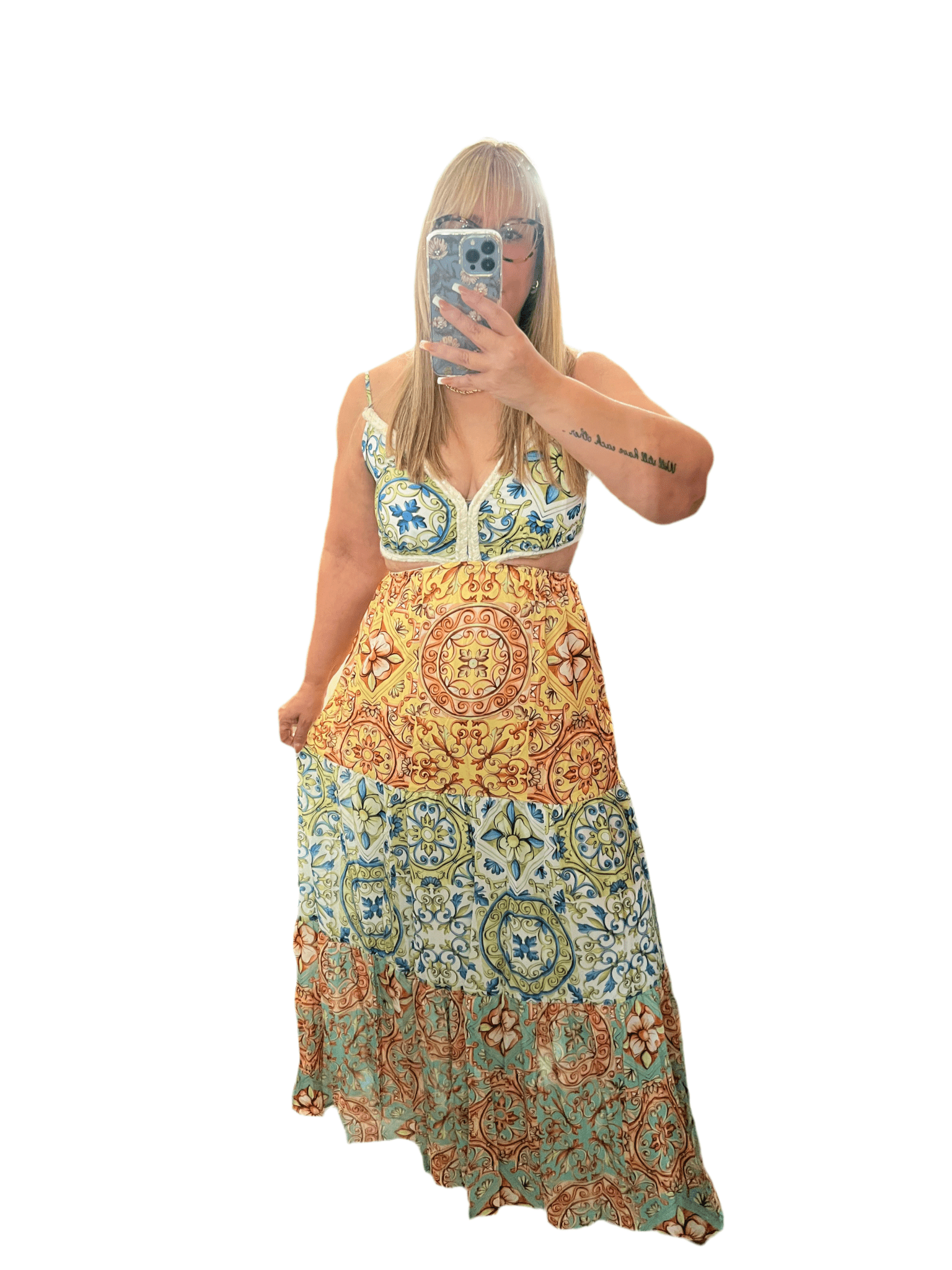 Colorful Spaghetti Strap Maxi Dress with Cutout Waist & V-Neck - Bella Boutique & Bellasbylola.com