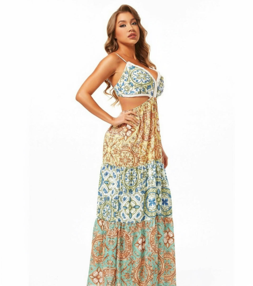 Colorful Spaghetti Strap Maxi Dress with Cutout Waist & V-Neck - Bella Boutique & Bellasbylola.com