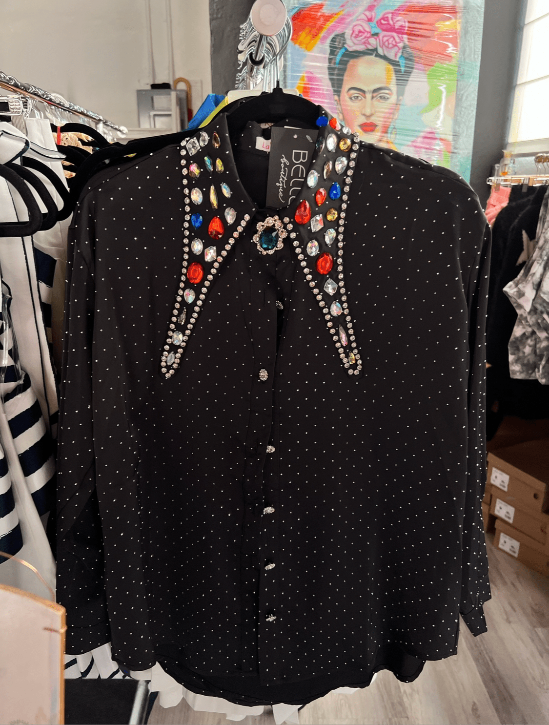 Crystal Embellished Polka Dot Blouse - Elegant Design with Sparkling Details - Bella Boutique & Bellasbylola.com