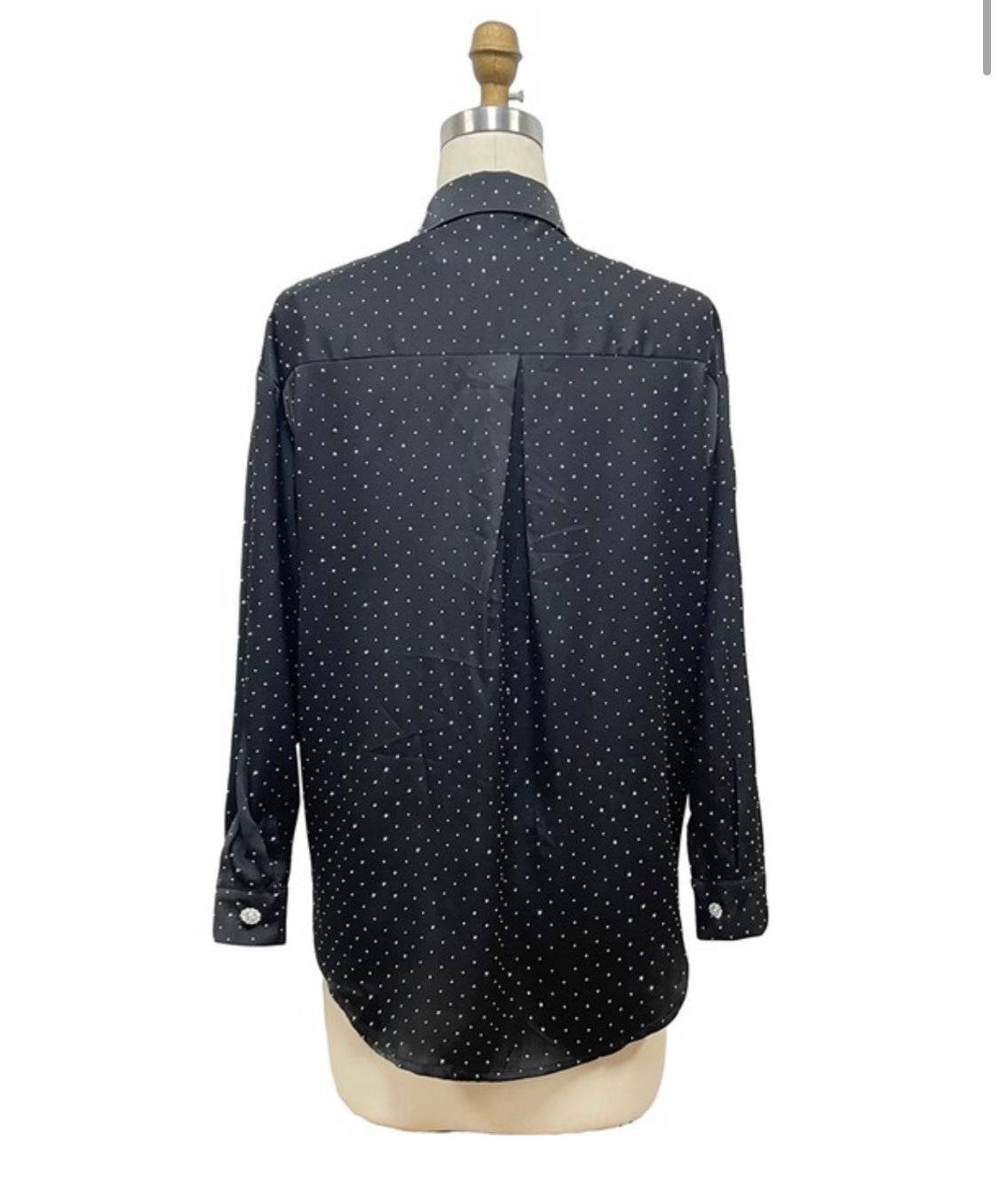 Crystal Embellished Polka Dot Blouse - Elegant Design with Sparkling Details - Bella Boutique & Bellasbylola.com