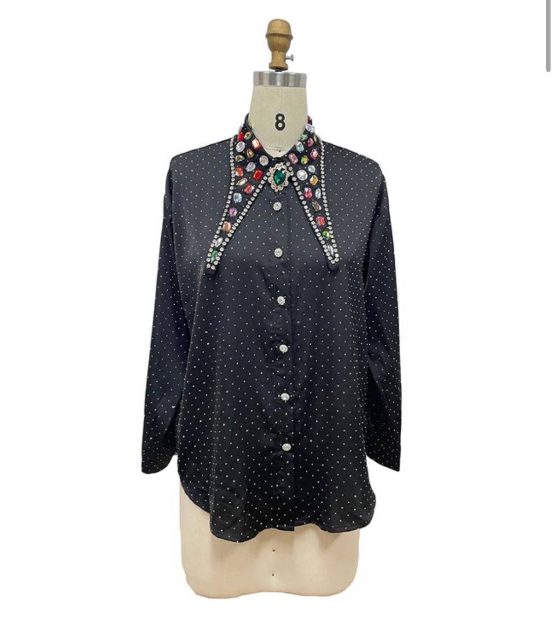 Crystal Embellished Polka Dot Blouse - Elegant Design with Sparkling Details - Bella Boutique & Bellasbylola.com