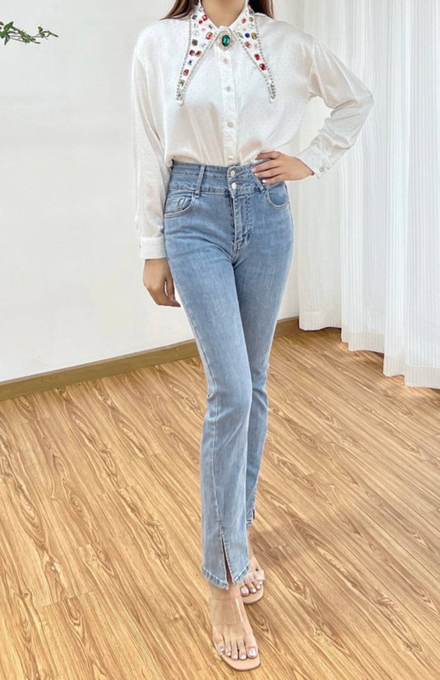 Beaded Crystals White Blouse - Bella Boutique & Bellasbylola.com