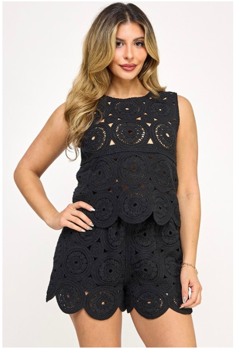 Black Color Elastic Waist Crochet Top & Short Set - True to Size - Bella Boutique & Bellasbylola.com