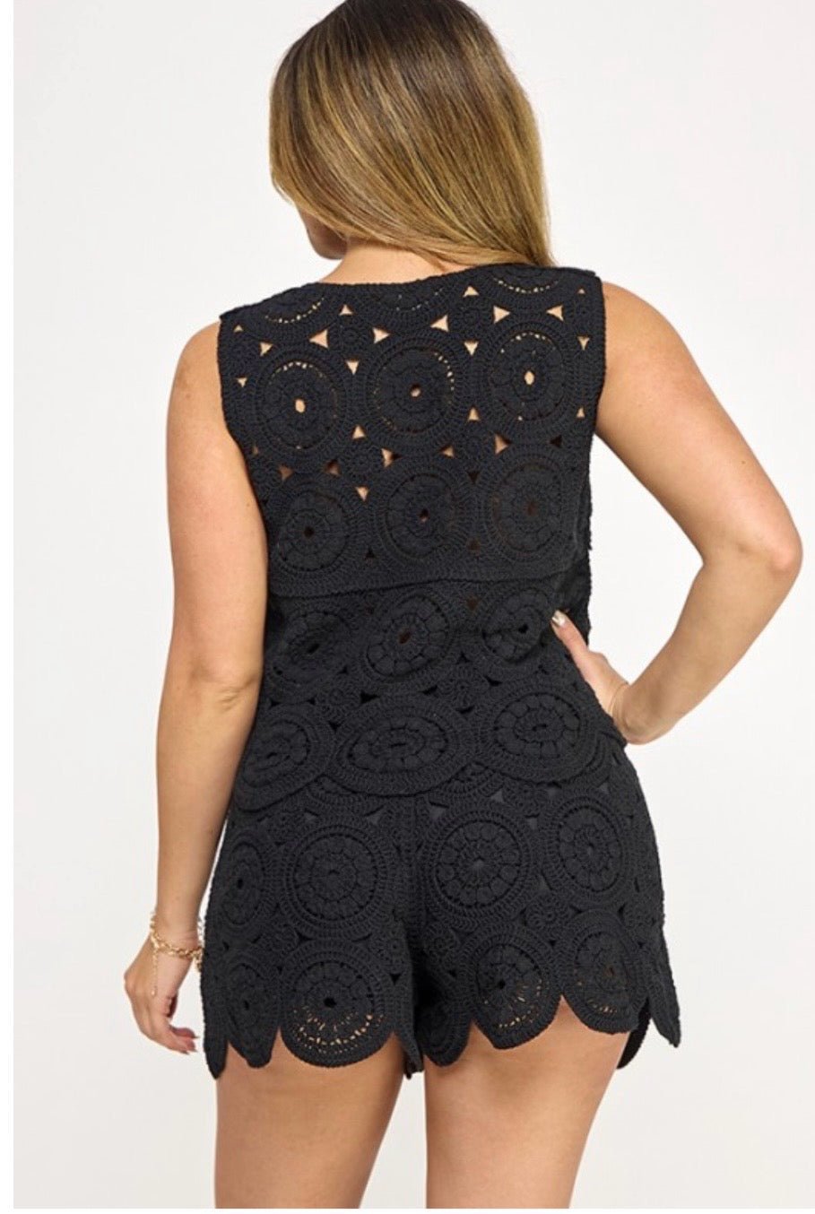 Black Color Elastic Waist Crochet Top & Short Set - True to Size - Bella Boutique & Bellasbylola.com