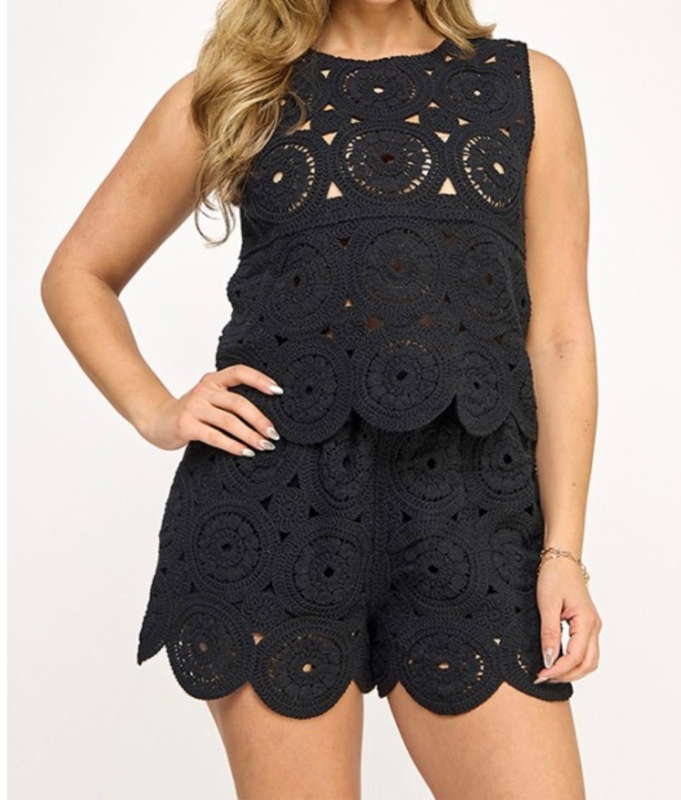 Black Color Elastic Waist Crochet Top & Short Set - True to Size - Bella Boutique & Bellasbylola.com