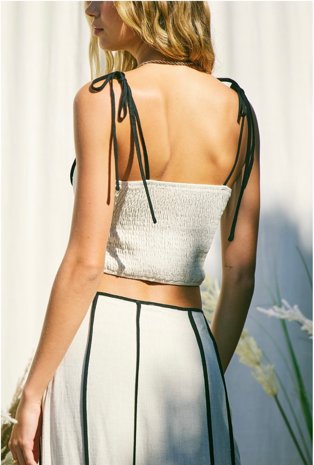 Beige Linen Maxi Skirt Set with Black Stripes & Spaghetti Strap Top - Bella Boutique & Bellasbylola.com