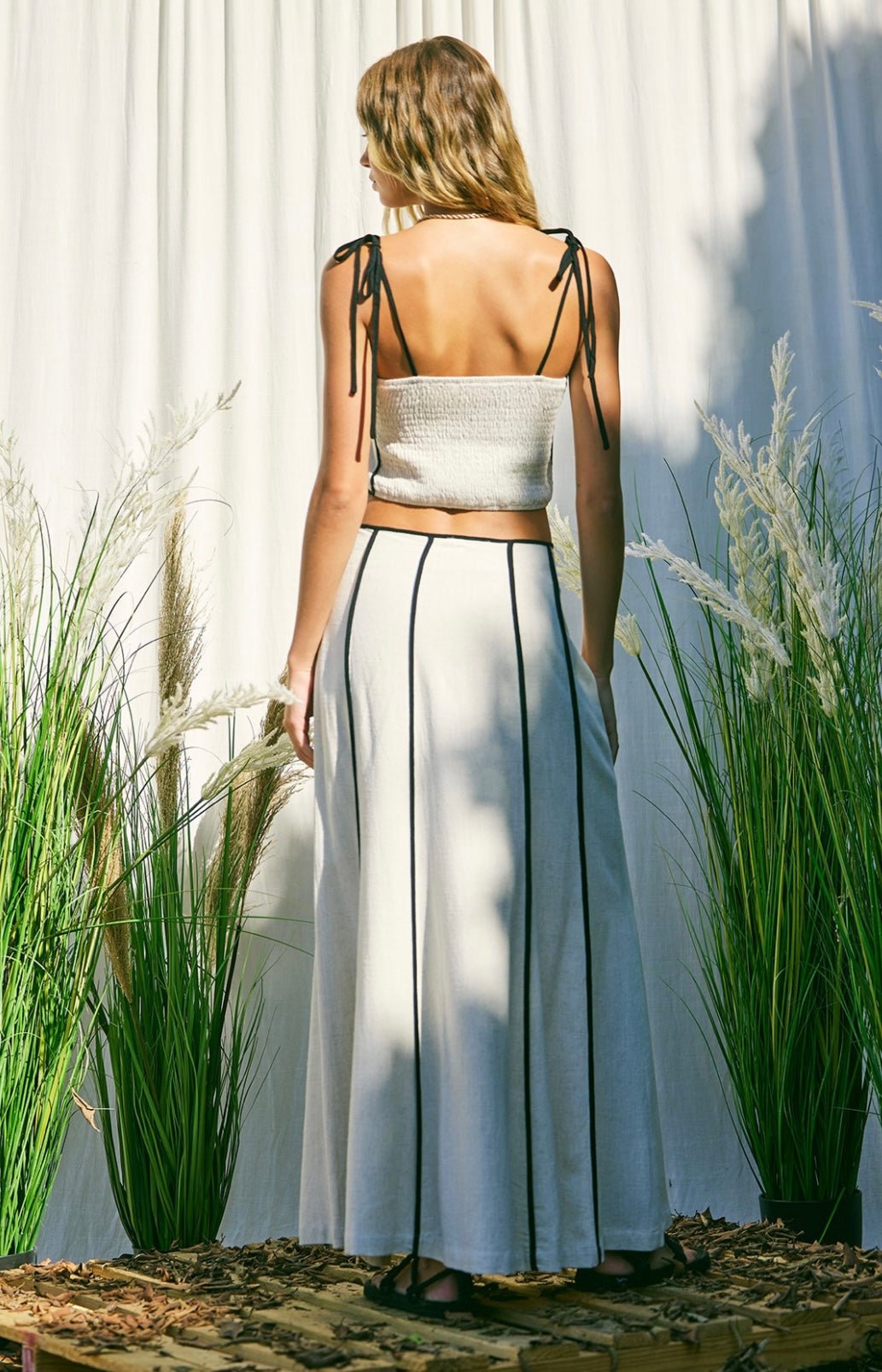 Beige Linen Maxi Skirt Set with Black Stripes & Spaghetti Strap Top - Bella Boutique & Bellasbylola.com