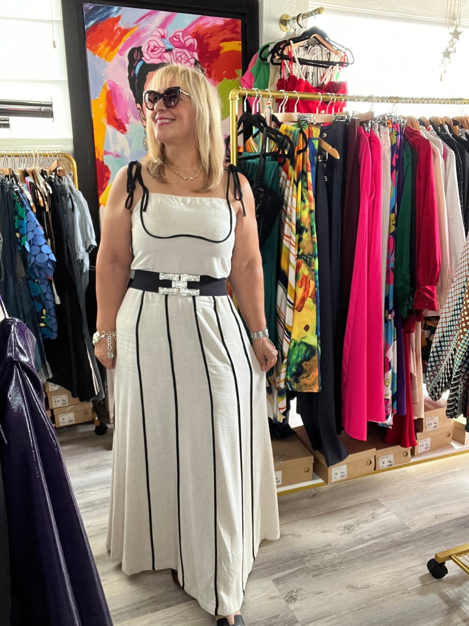 Beige Linen Maxi Skirt Set with Black Stripes & Spaghetti Strap Top - Bella Boutique & Bellasbylola.com