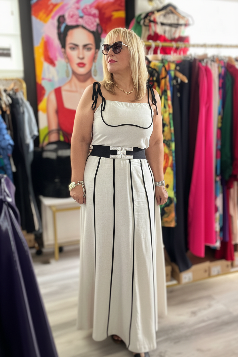 Beige Linen Maxi Skirt Set with Black Stripes & Spaghetti Strap Top - Bella & Bellasbylola.com
