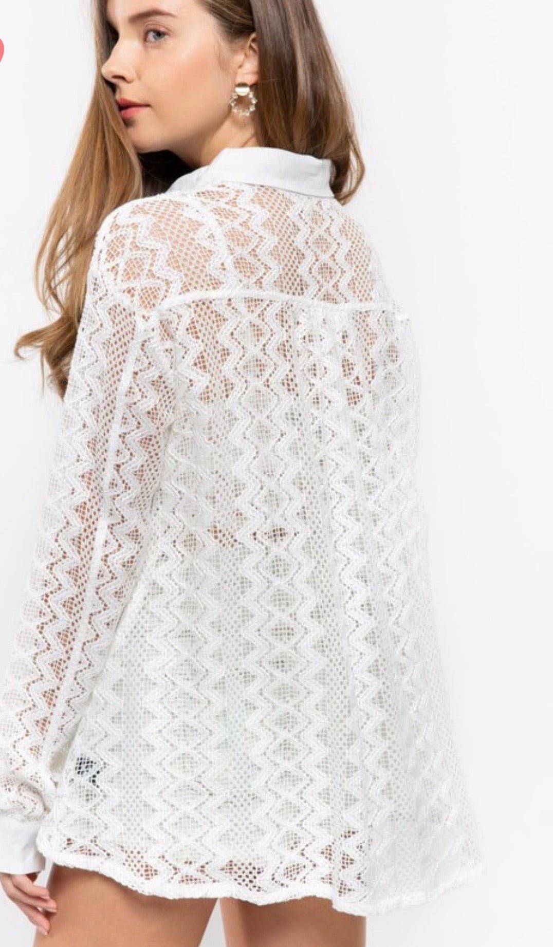 Relaxed Fit Lace Woven Shirt - Button Down Closure, Long Sleeve, 100% Cotton - Size Large - Bella Boutique & Bellasbylola.com