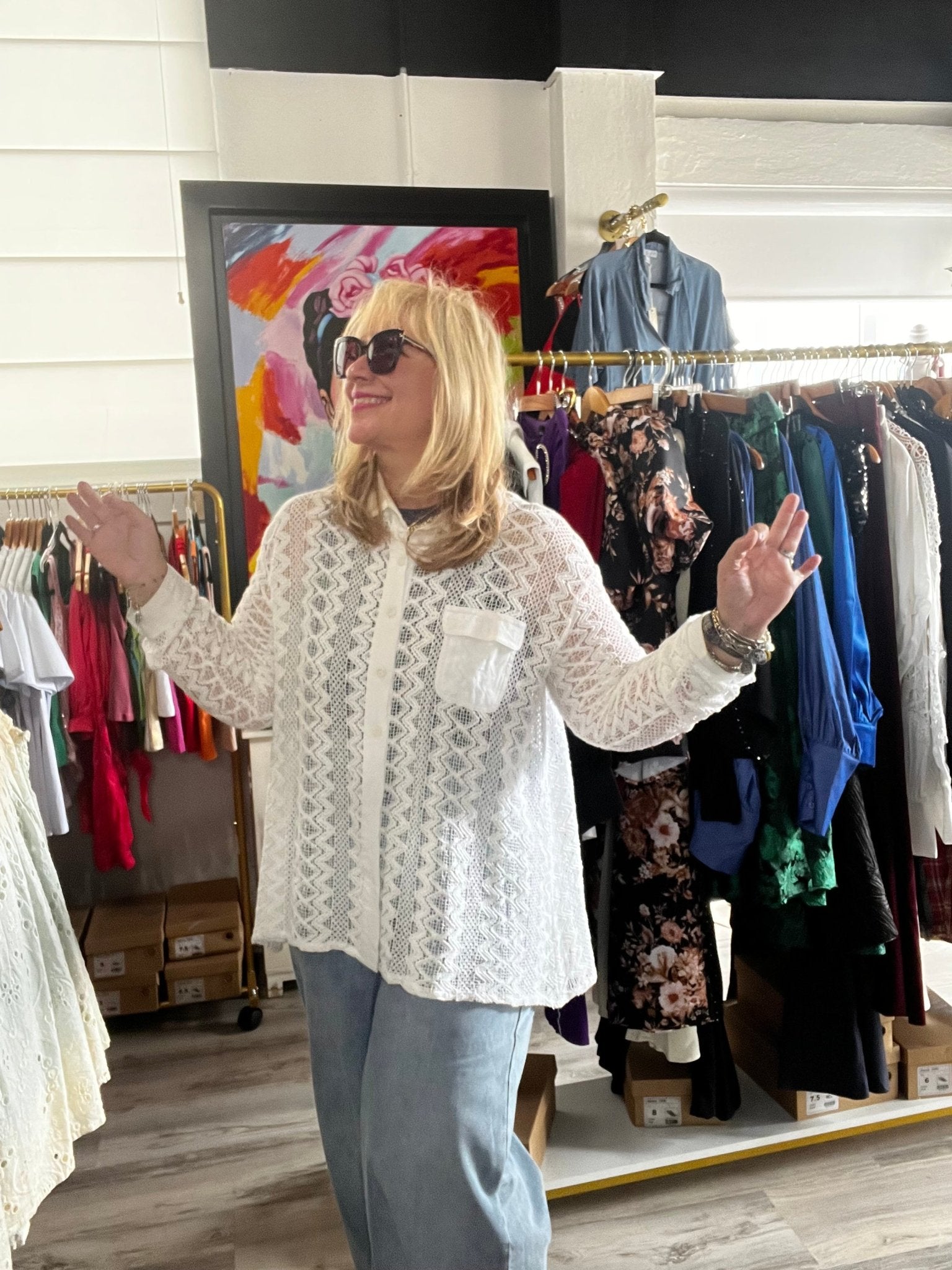 Relaxed Fit Lace Woven Shirt - Button Down Closure, Long Sleeve, 100% Cotton - Size Large - Bella Boutique & Bellasbylola.com