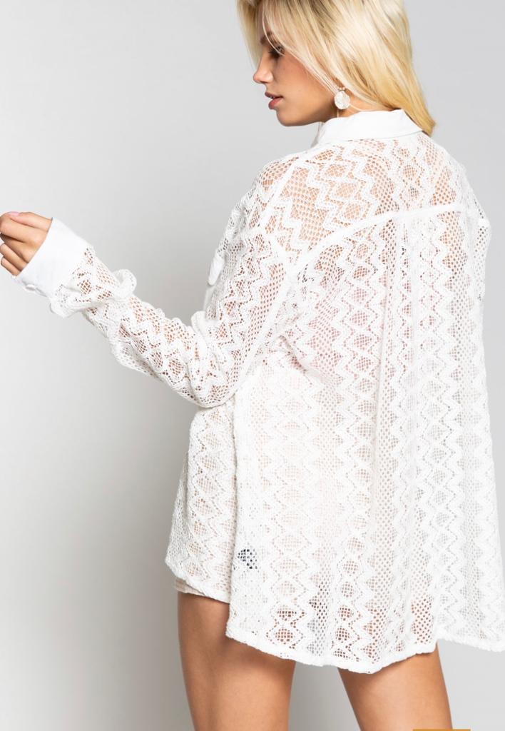 Relaxed Fit Lace Woven Shirt - Button Down Closure, Long Sleeve, 100% Cotton - Size Large - Bella Boutique & Bellasbylola.com