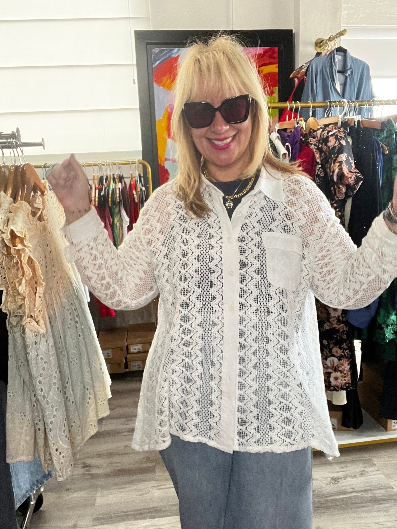 Relaxed Fit Lace Woven Shirt - Button Down Closure, Long Sleeve, 100% Cotton - Size Large - Bella Boutique & Bellasbylola.com